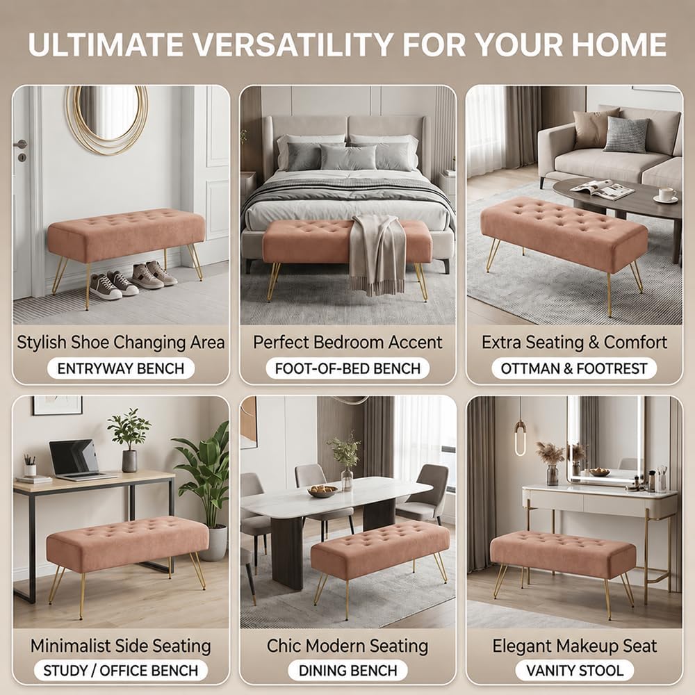 Velvet Button-Tufted Entryway Bench, 39.37" Modern Upholstered Bedroom Bench with Gold Metal Legs, Padded Rectangular End of Bed Bench for Living Room, Dining Room (Brown)