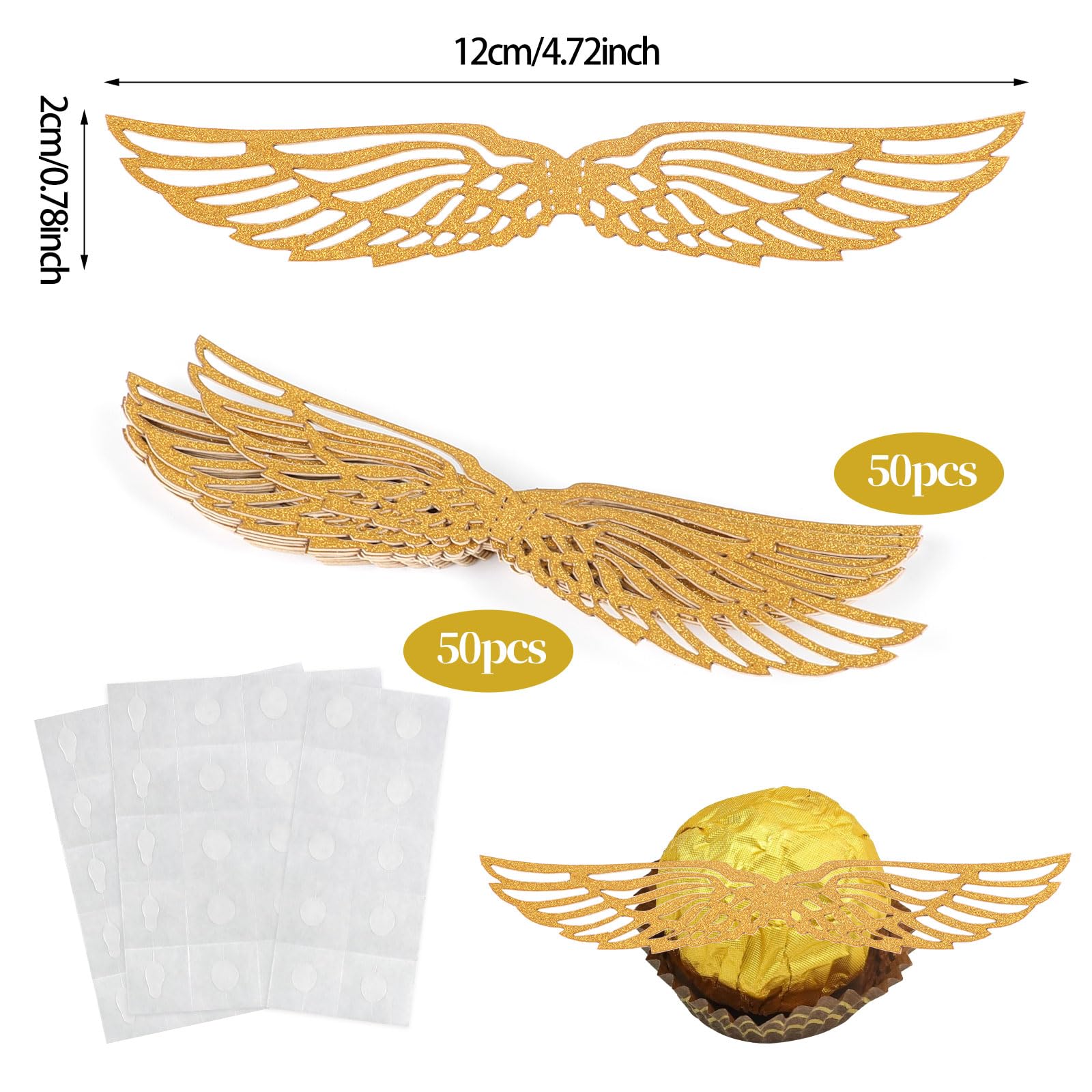 CCINEE 50 Pcs Gold Glitter Wings Wizard Chocolate Decoration Cupcake Toppers Hollowed Golden Wings Wafer with Glue Point Dots for Themed Party Birthday Cake Wedding