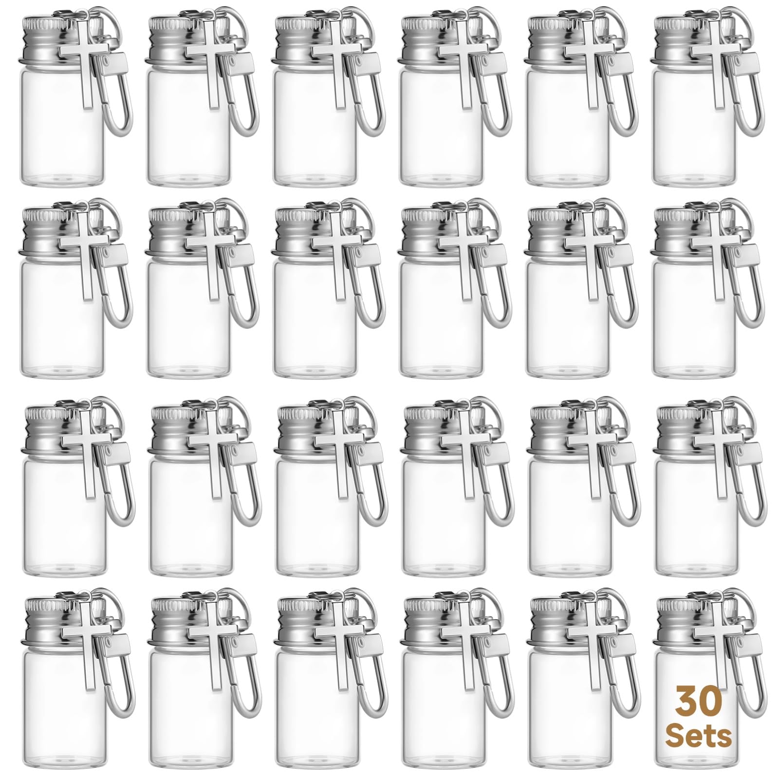Generisch 30 Stk. Kreuz-Schlüsselanhänger-Fläschchen, 7 ml Mini-Glasfläschchen mit Metallkappen, DIY-Wunschfläschchen, Behälter für Weihwasser, Andenken und Kommunionsgeschenk