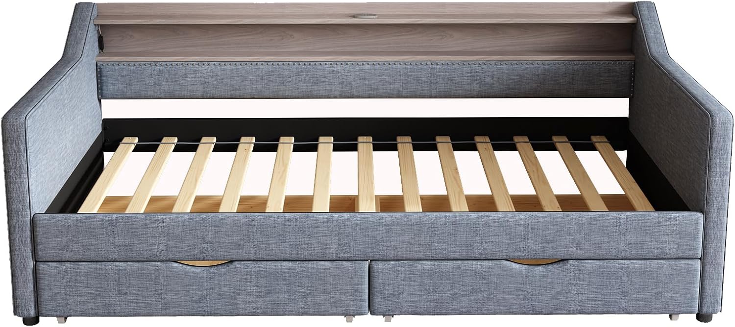 Bellemave Linen Upholstered Daybed with Storage Drawers and 2-Tier Shelf, Twin Size Daybed with Charging Station(USB Ports Type c Ports), Twin Daybed with RGB LED Light(Twin Light Grey)