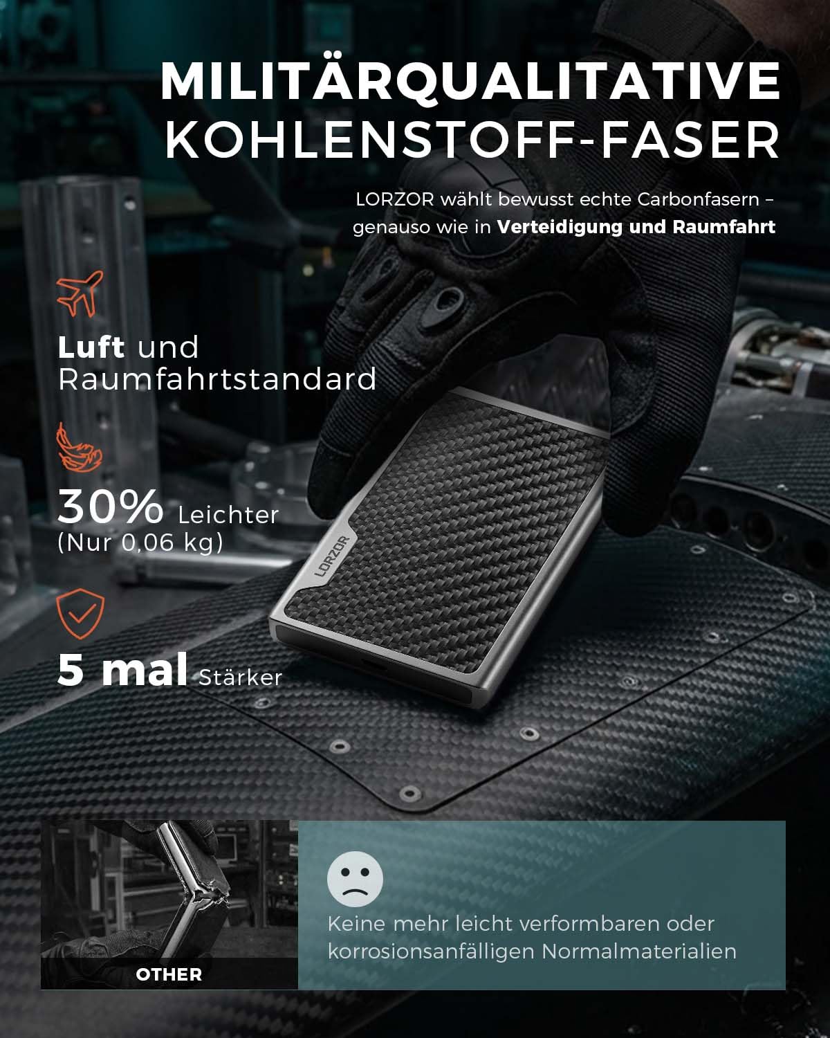 LORZOR Slim Wallet aus Militär-Kohlenstofffaser, Minimalistische Geldbörse mit abnehmbarem Geldclip, Kartenetui Herren rfid schutz Portmonee, Brieftasche Herren kreditkartenetui für 7 Karten, Geschenk