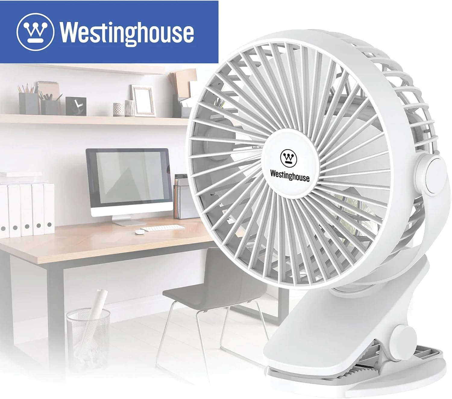 Westinghouse Portable 2-in-1 Rechargeable Table Clip Fan in an office setting