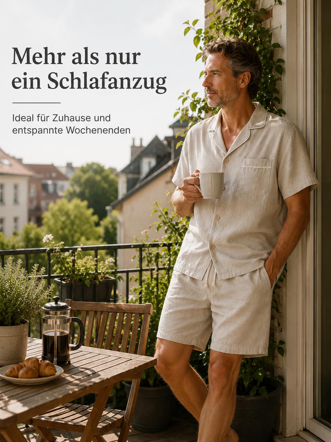 RAKUYUME Herren Leinen Pyjama Set, Sommer, Kurzarm