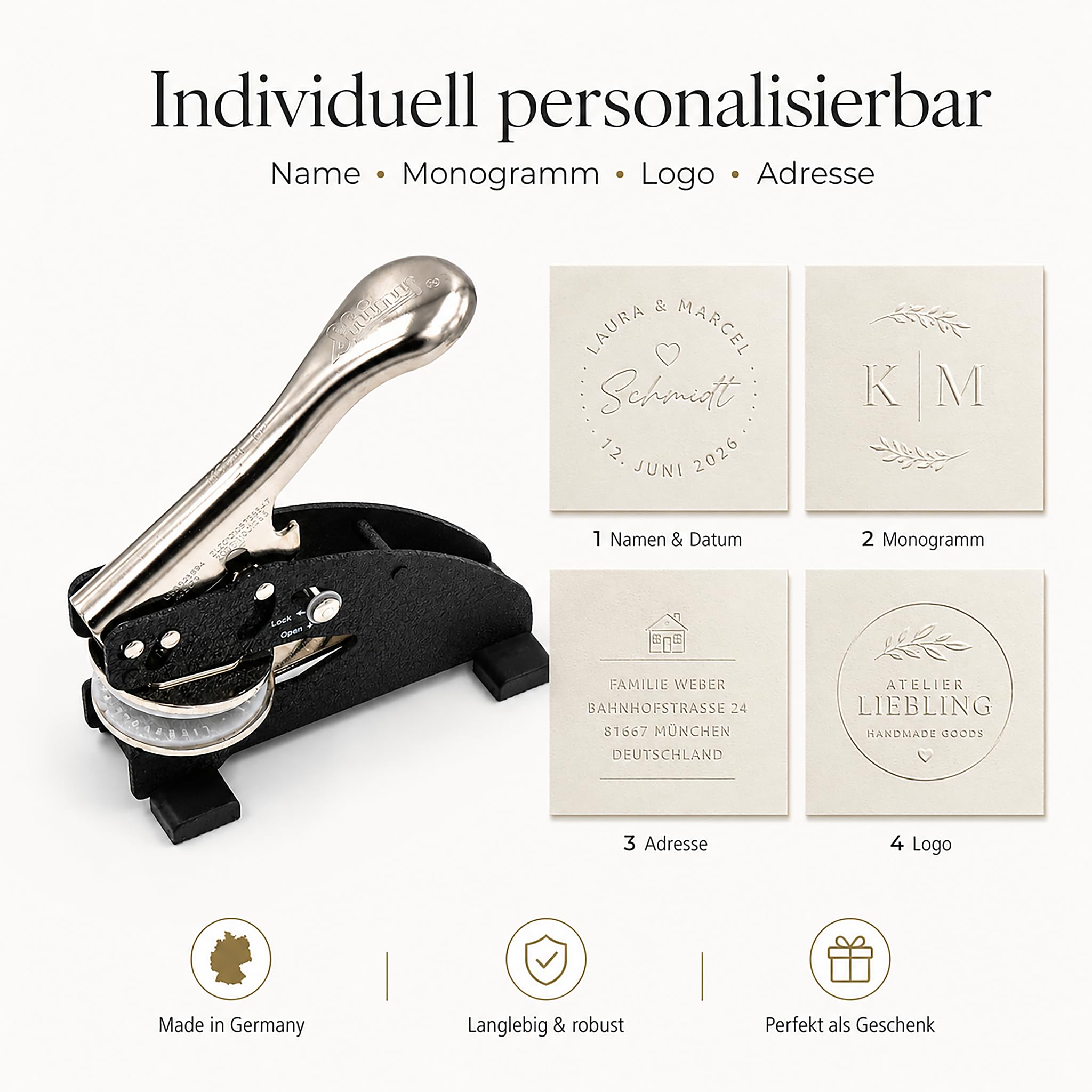 Prägestempel mit eigenem Logo – Personalisierte Prägezange für Papier – Individuelles Design für Geschenke, Firmen und Marketing (Tisch-Prägestempel)
