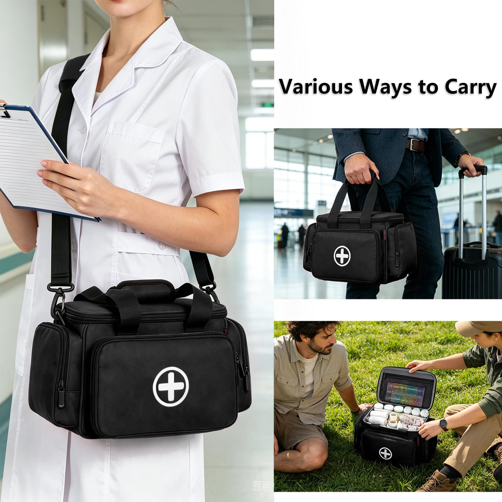 Borsa di pronto soccorso vuota, borsa medica professionale, borsa medicinale grande, borsa di emergenza per infermieri, medico di famiglia, assistenza domestica, viaggio o emergenza, Nero , 27 x