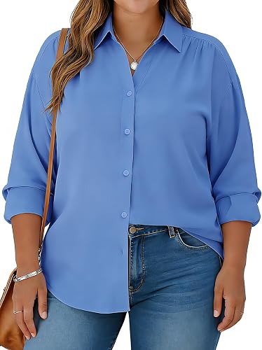 Plus Size Womens Solid Color V Neck Button Down Blouse Long Sleeve Casual Business Dressy Blouses XL-5XL