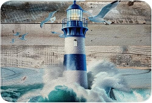 Erosebridal Lighthouse - Juego de alfombras de baño, alfombra de baño náutica con olas del océano y mar, alfombra de baño verde azulado marino para