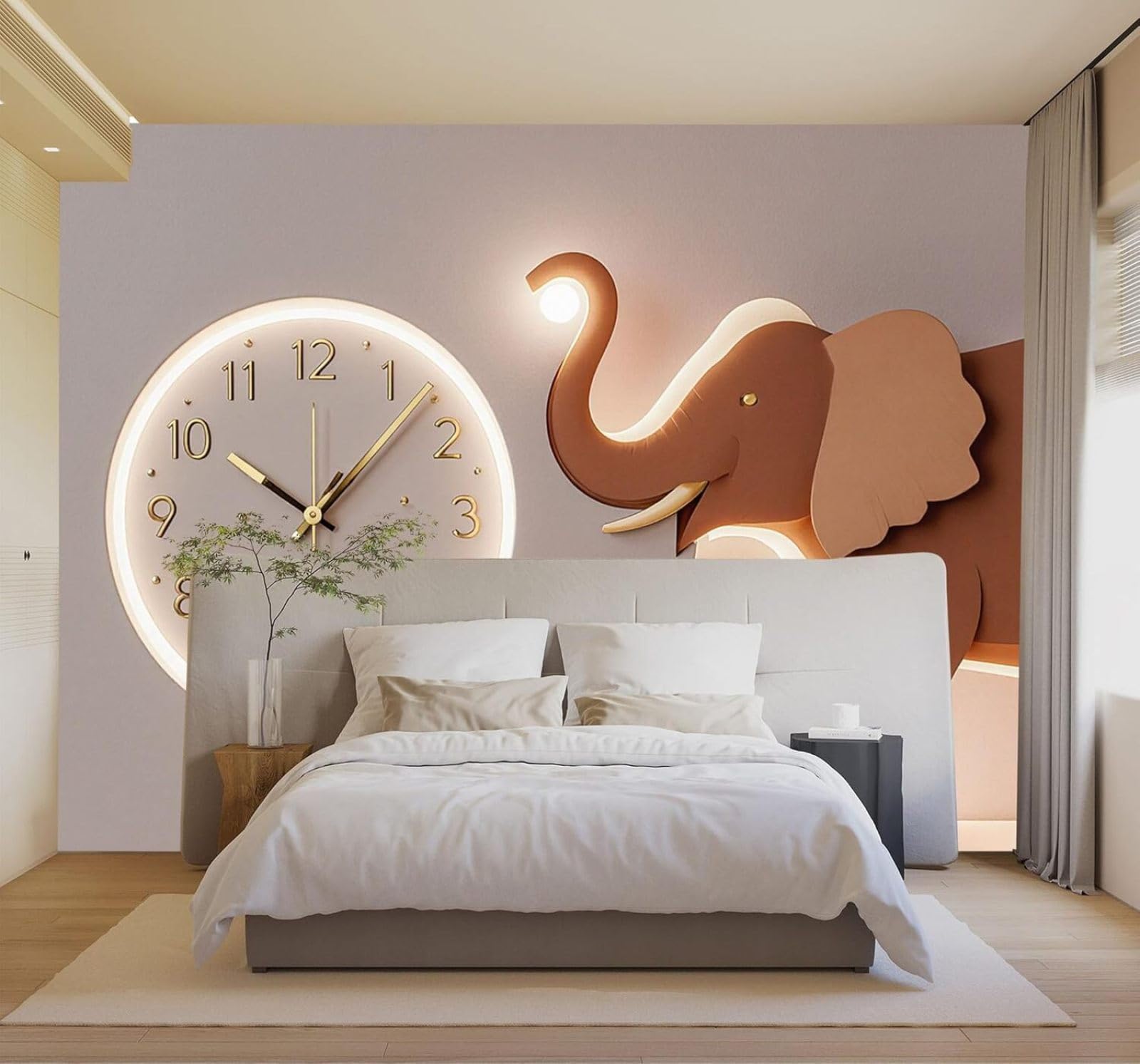 3D Papel Pintado Minimalista Elefante Reloj De Pared Luz Cálida Arte