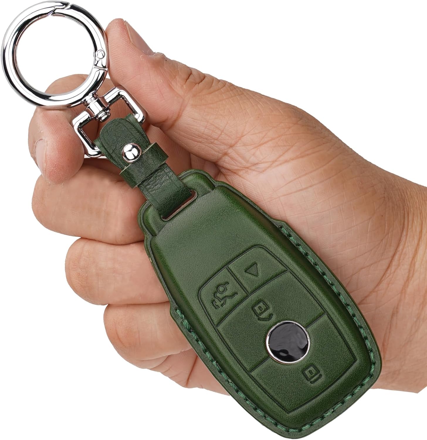 Genuine Leather Key Fob & Shell Compatible with Mercedes-Benz 4-Button Smart Key (Green)