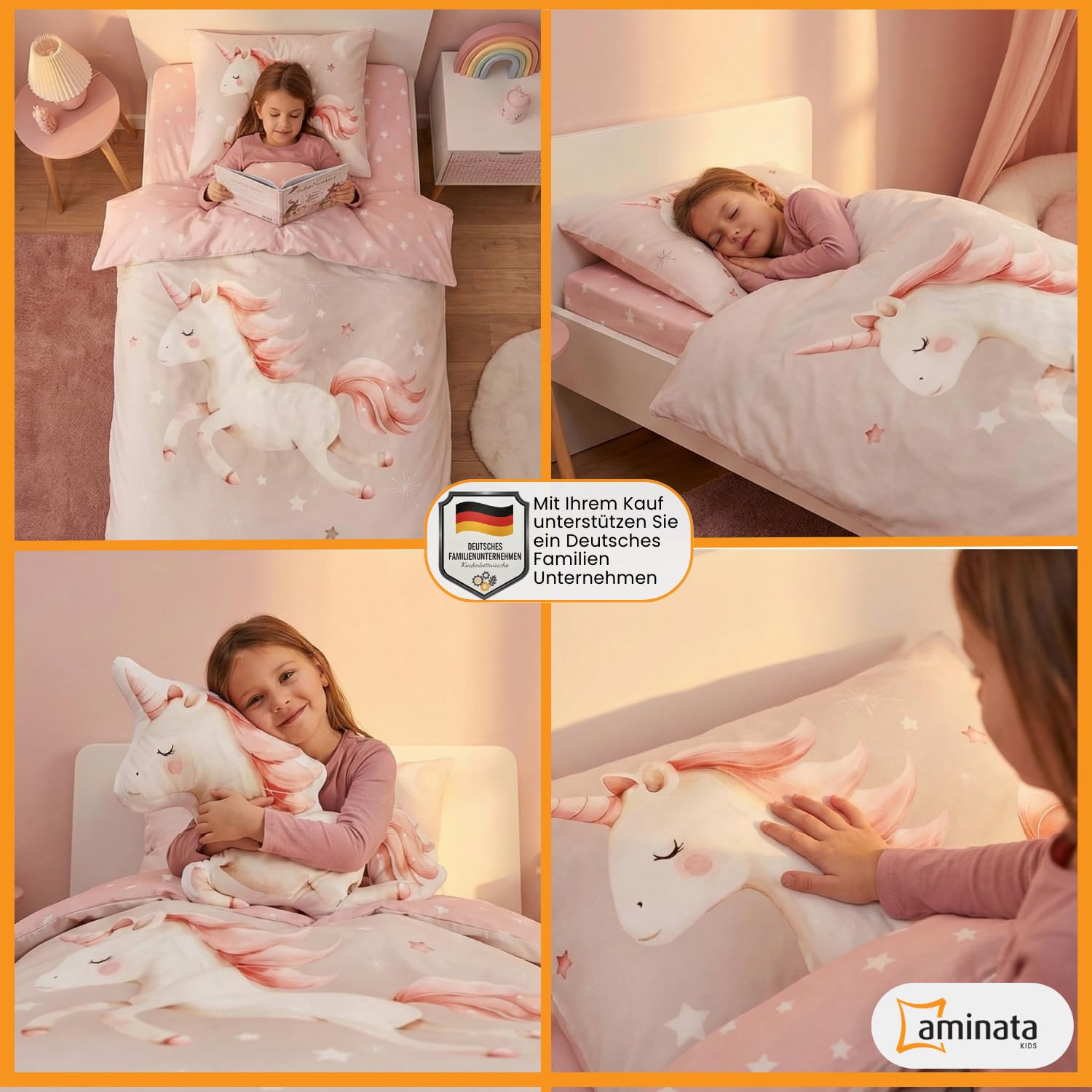Aminata kids Bettwäsche 135x200 Mädchen mit Einhorn Motiv aus 100% Baumwolle mit Reißverschluss - Kinder-Bettwäsche-Set Einhornbettwäsche rosa grau Sterne