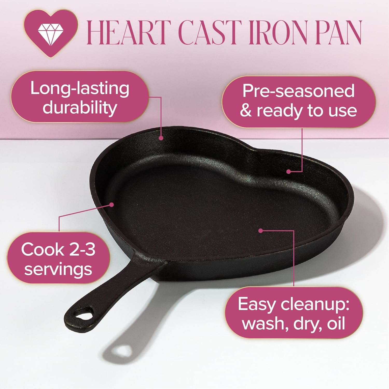 Paris Hilton Pre-Seasoned Cast Iron Heart Skillet Pan, Heavy-Duty Frying Pan for Cooking, Baking & Searing, Oven Safe, Stovetop Compatible, 10-Inch