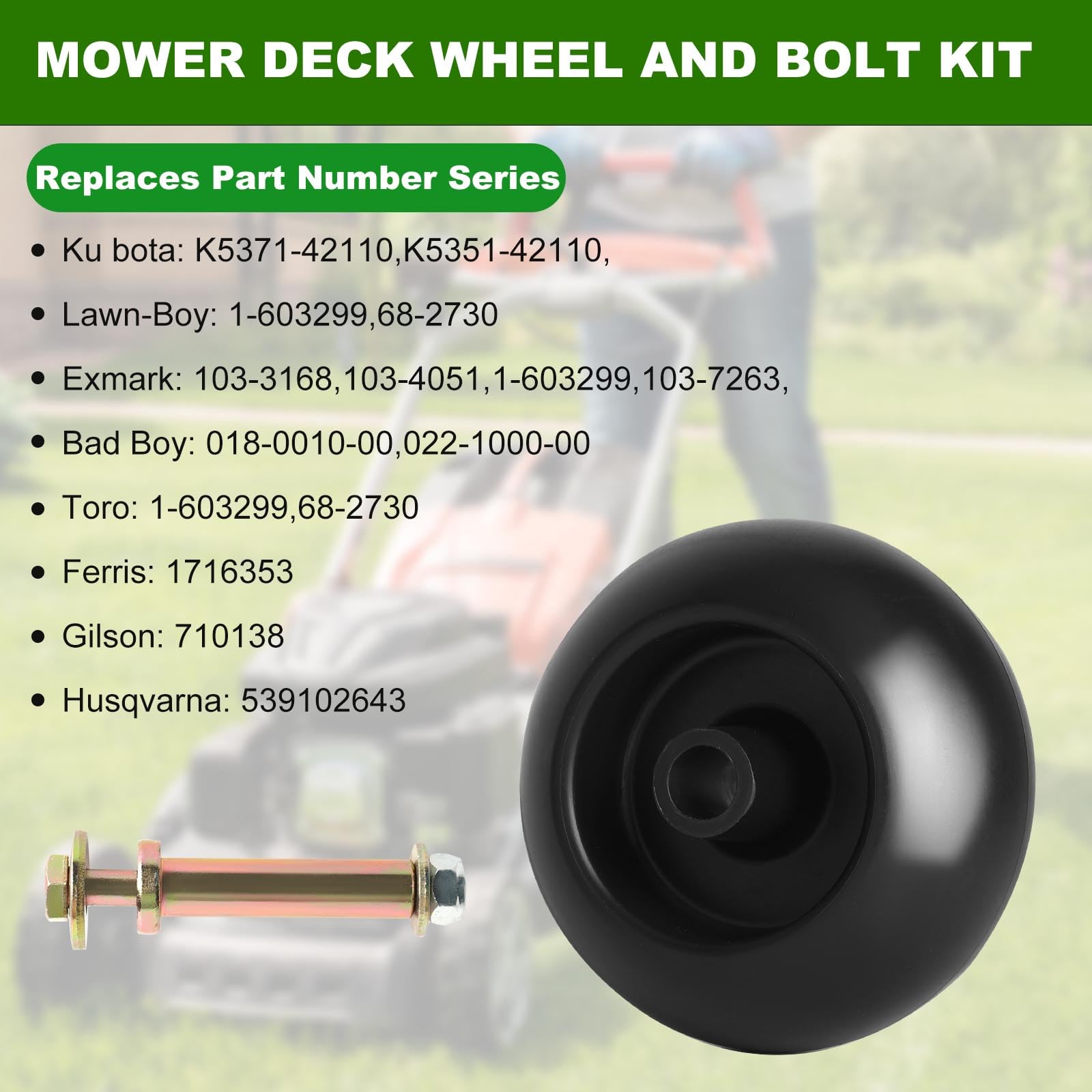 Paquete de 6 kits de rueda y pernos para cortacésped anticuero cabelludo 103-3168 reemplazados para Exmark Toro 103-7263 103-4051, Bad Boy 022-5234-98 022-1000-00, Kubota K5351-42110 K537110 -42111 0.