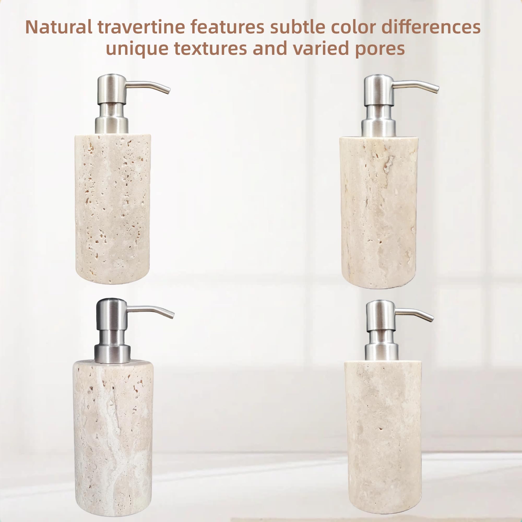 Dispensador de jabón de mármol travertino natural con bomba de acero inoxidable, botellas de jabón líquido de loción de mármol para cocina y baño
