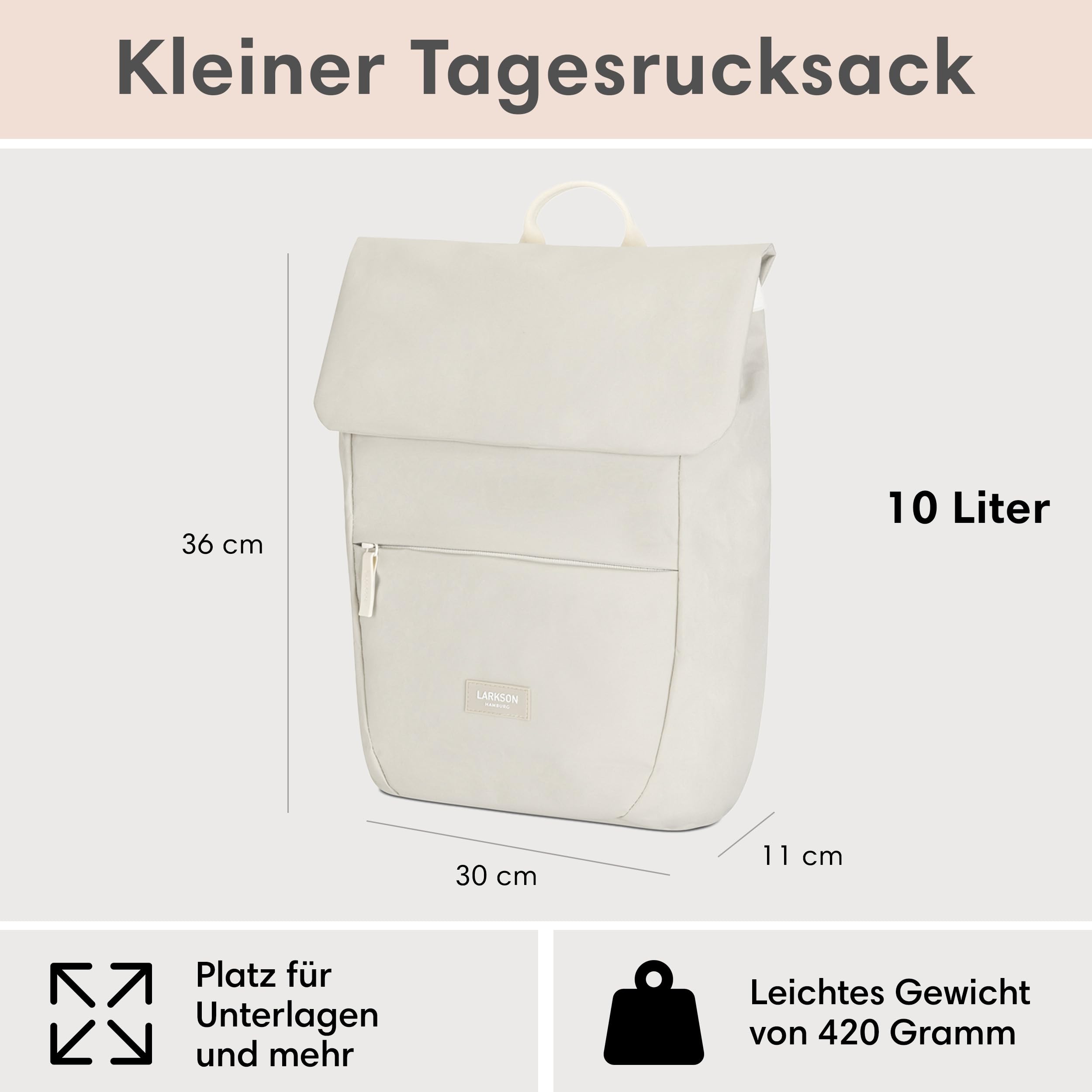 LARKSON Rucksack Damen Klein Beige - Ronja - Moderner Tagesrucksack mit Laptopfach für Uni Business City - 10L - Nachhaltig - Wasserabweisend