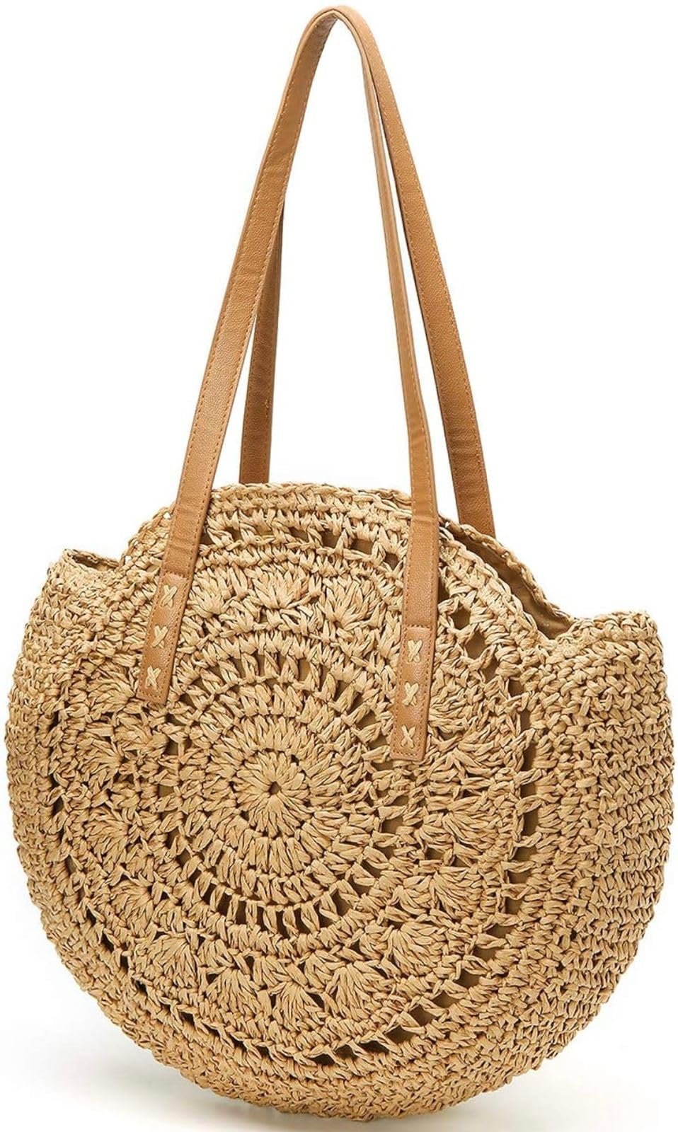 Handmade Boho Summer Beach Round Shoulder Bag Handbag for Women (Beige)-picture-53
