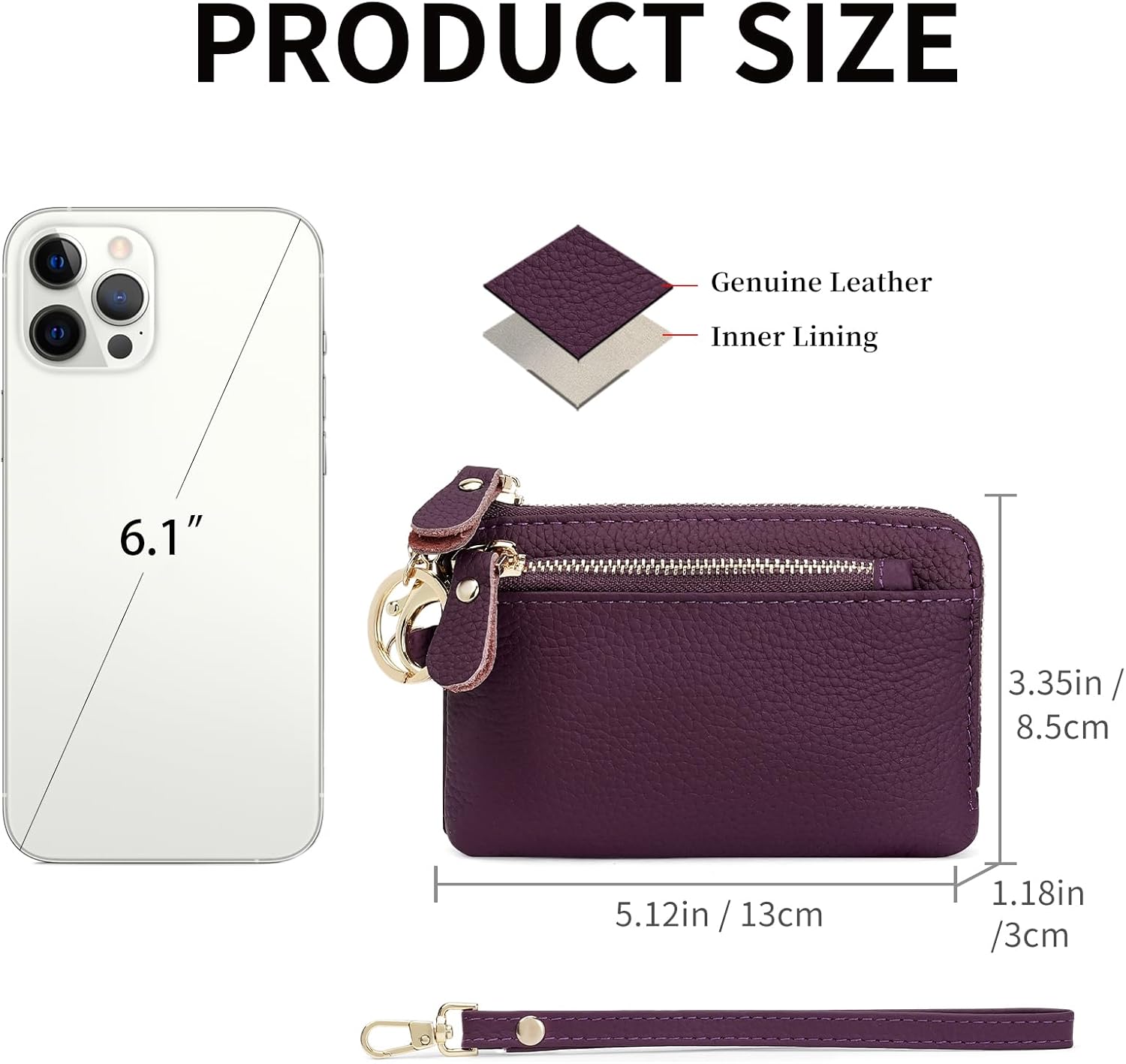 SENDEFN Women's Small Wristlet Coin Pouch Genuine Leather 3 Zippers Purse with Keychain - Image 5