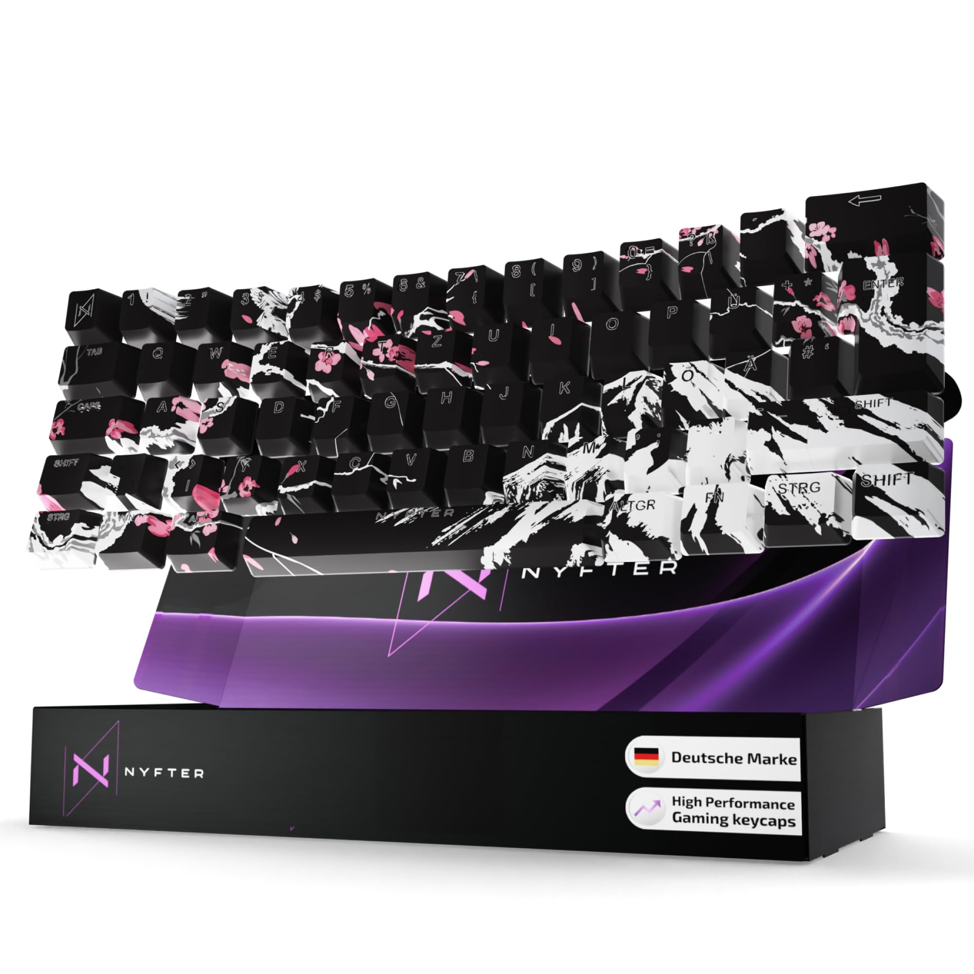 Nyfter - Premium Sakura Keycaps ISO 60% e 75% Custom Keycabs Layout ISO per tastiere meccaniche (Black Sakura, 60%)