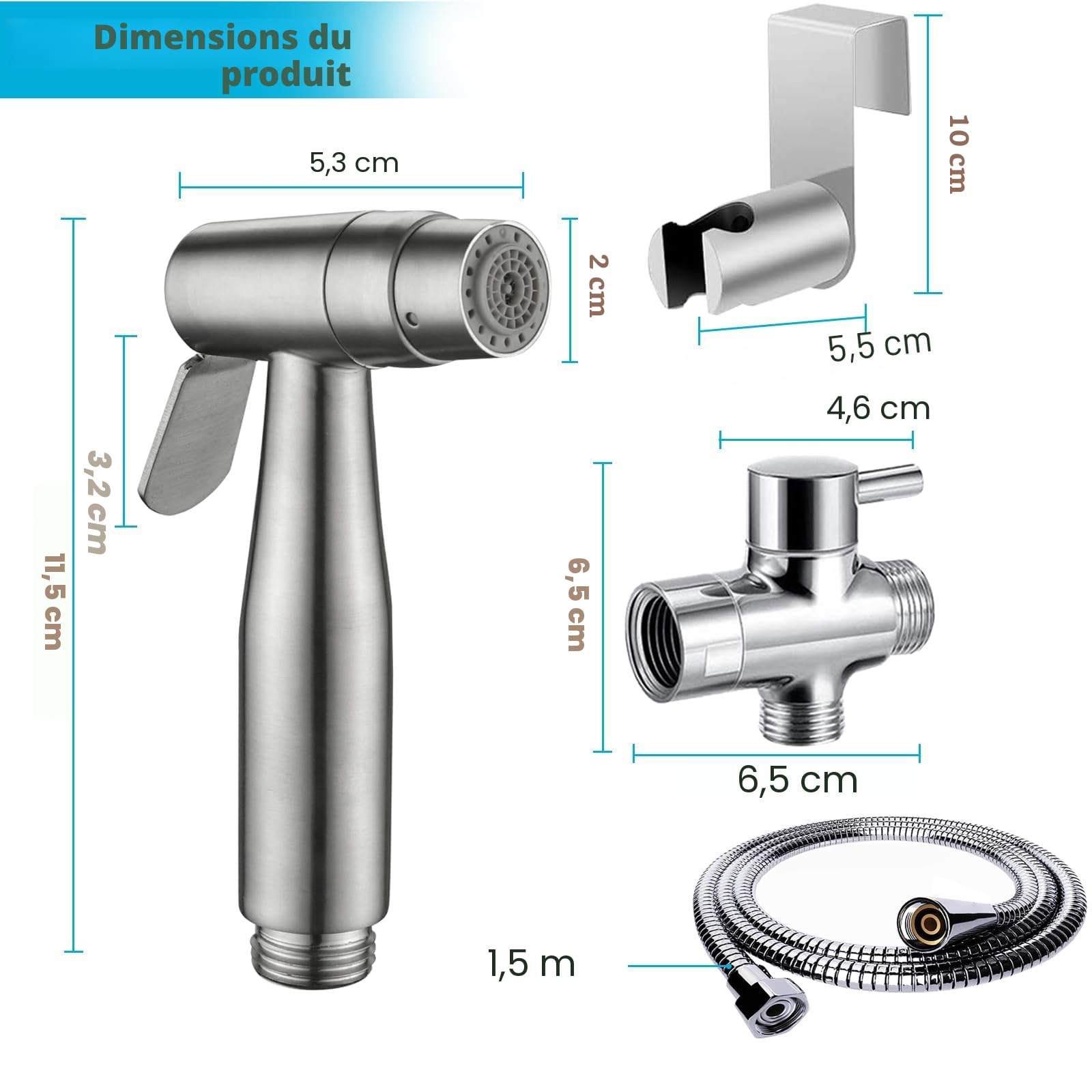 Ensemble de douchette de bidet, double fonction, en acier inoxydable brossé, avec valve en T G1/2" et adaptateur G3/8", pour douche, salle de bain, hygiène, nettoyage des couches