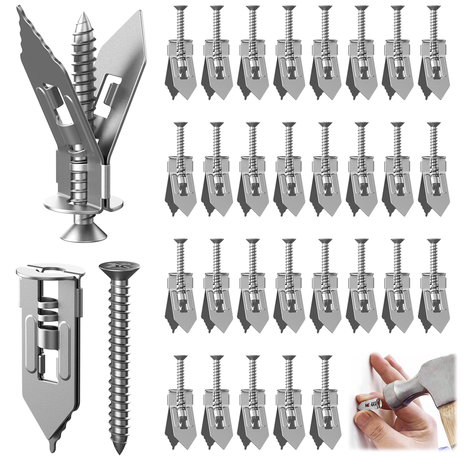 200 PCS Plasterboard Fixings, Self Drilling Anchors Screws, Dry Wall Anchor Screw Set With Screws Kit Wall Plugs Set for Plasterboard, Concrete & Masonry (Silver, 12 * 30mm)