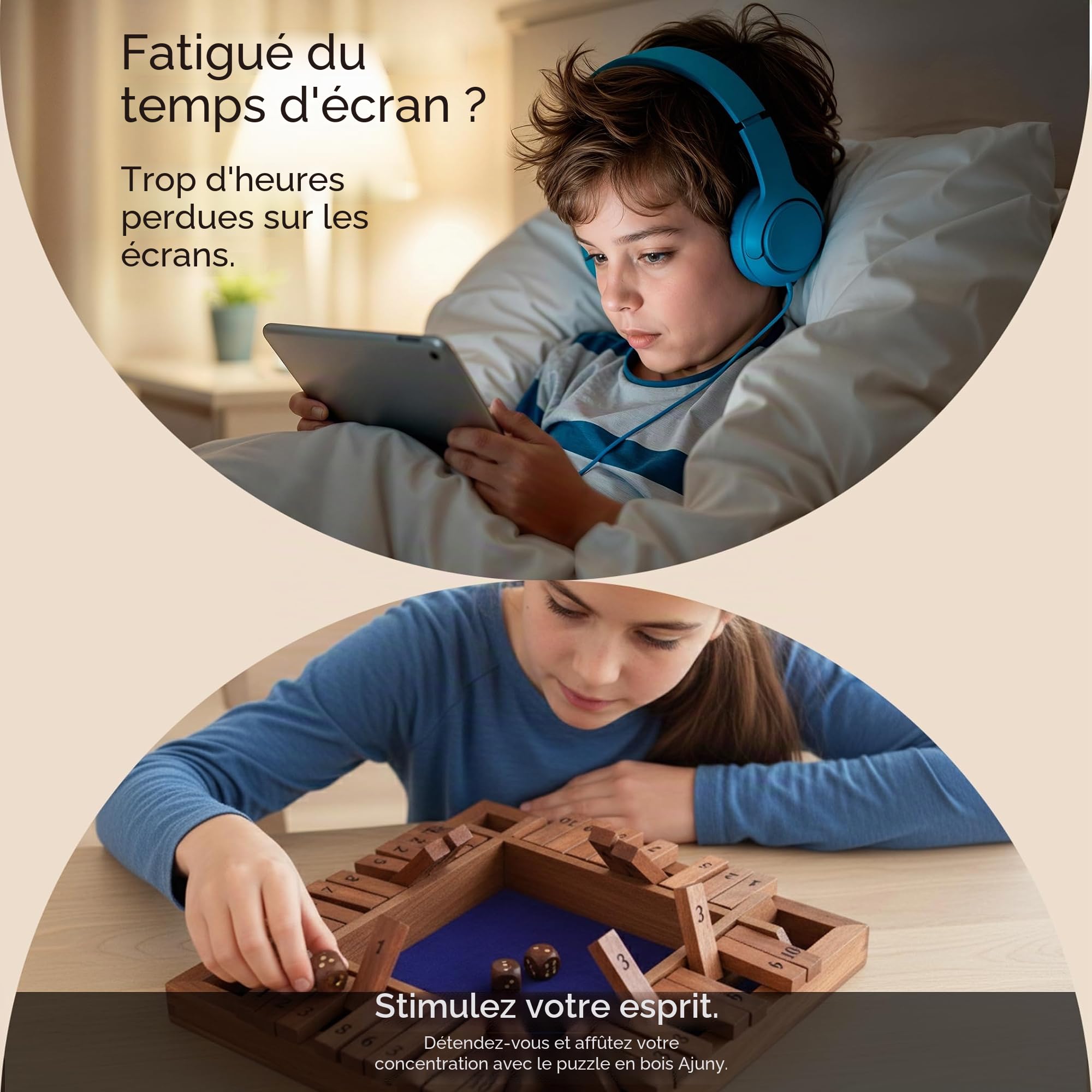 Ajuny Jeu de Société en Bois Shut The Box – 10 Tuiles Numérotées Plateau Naturel Massif pour Enfants et Adultes Jeux de Société Dés Bar – 12 Pouces