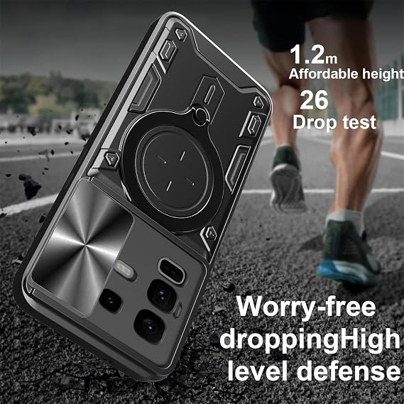 Ysnzaq Armorケース Infinix Note 50 Pro+用、レンズプッシュウィンドウ、ミリタリーグレードの耐衝撃保護カバー キックスタンド付き Infinix Note 50 Pro Plus CQ用 ブラック