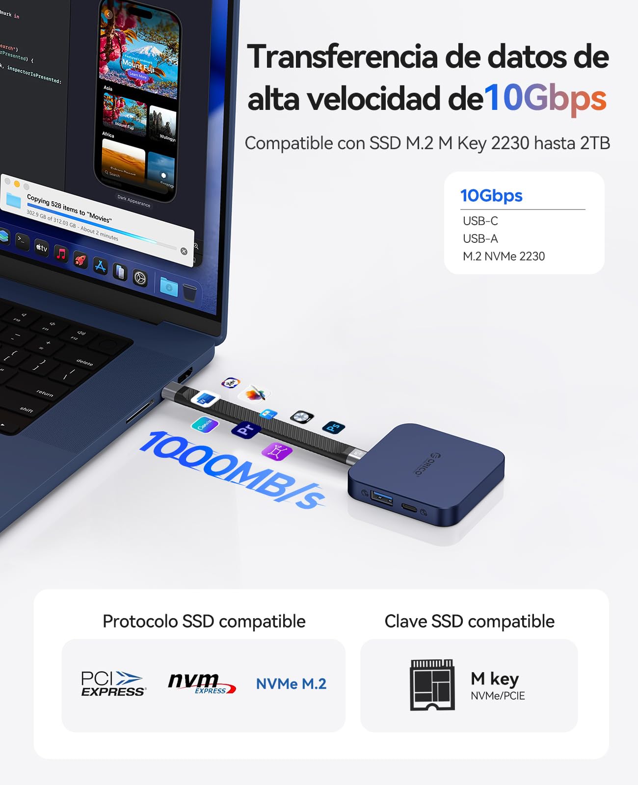 ORICO - Estación de Acoplamiento USB-C magnética, Carcasa SSD M.2 2230 NVMe, Docking Station 6 en 1 con HDMI 4K@60Hz, PD 100W, USB-A/USB-C 10Gbps, Audio, Hub USB-C Dockingstation para iPhone/Pro MAX