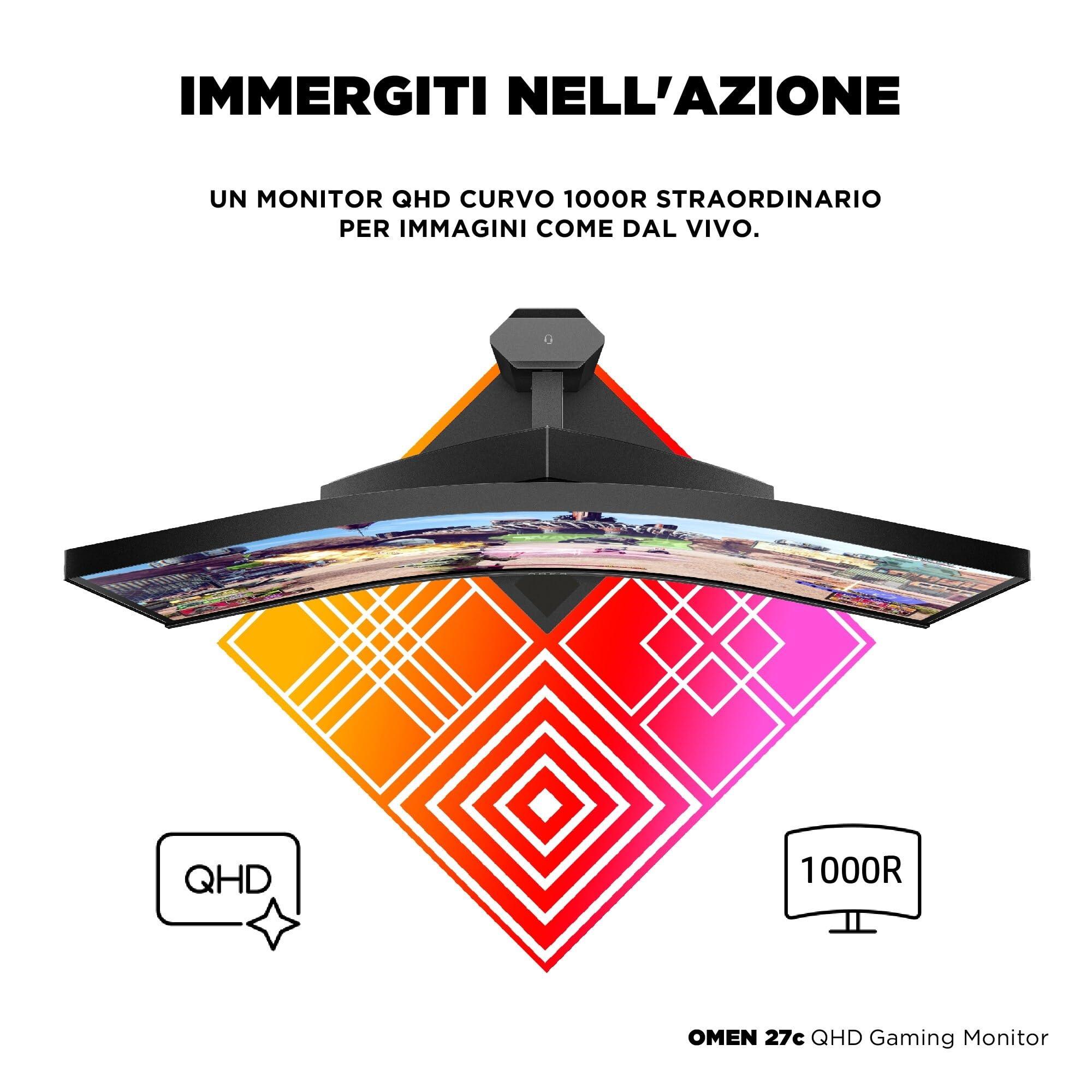 HP OMEN 27c Monitor Curvo da 27 pollici, Pannello VA 16:9 2K QHD 240Hz, 1 ms, DisplayHDR 400, Antiriflesso, 400 nits, AMD FreeSync, VESA, USB-A, Nero