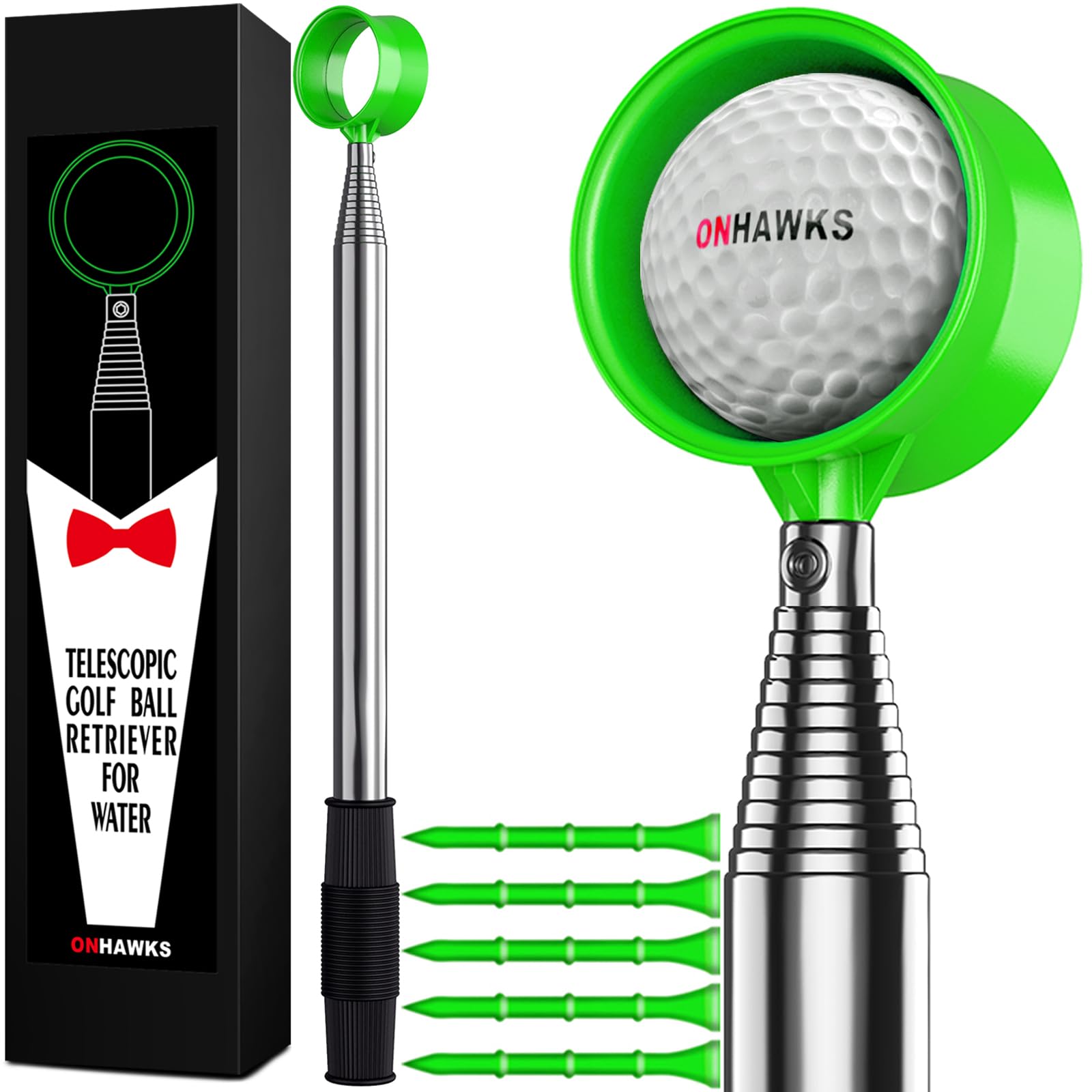 ONHAWKS Golf Ball Retriever for Water,Telescopic 12Ft/9Ft Stainless Steel Shaft Two-Sided Easy Pick Up Balls,Unbreakable Head Retriever Tool Golf