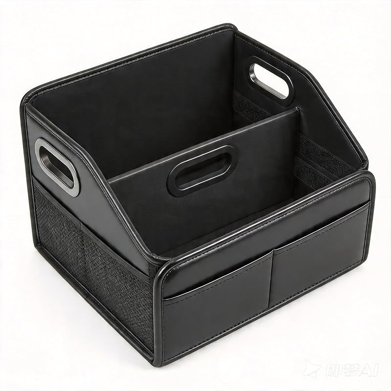Car Storage Organizer Reinforced Dividable Leather Car Caddy Basket for Front Seat Floor Back Sturdy Frosted Handle 8 Compartments Adjustable Strap Buckles Slip-Resistant (Normal)