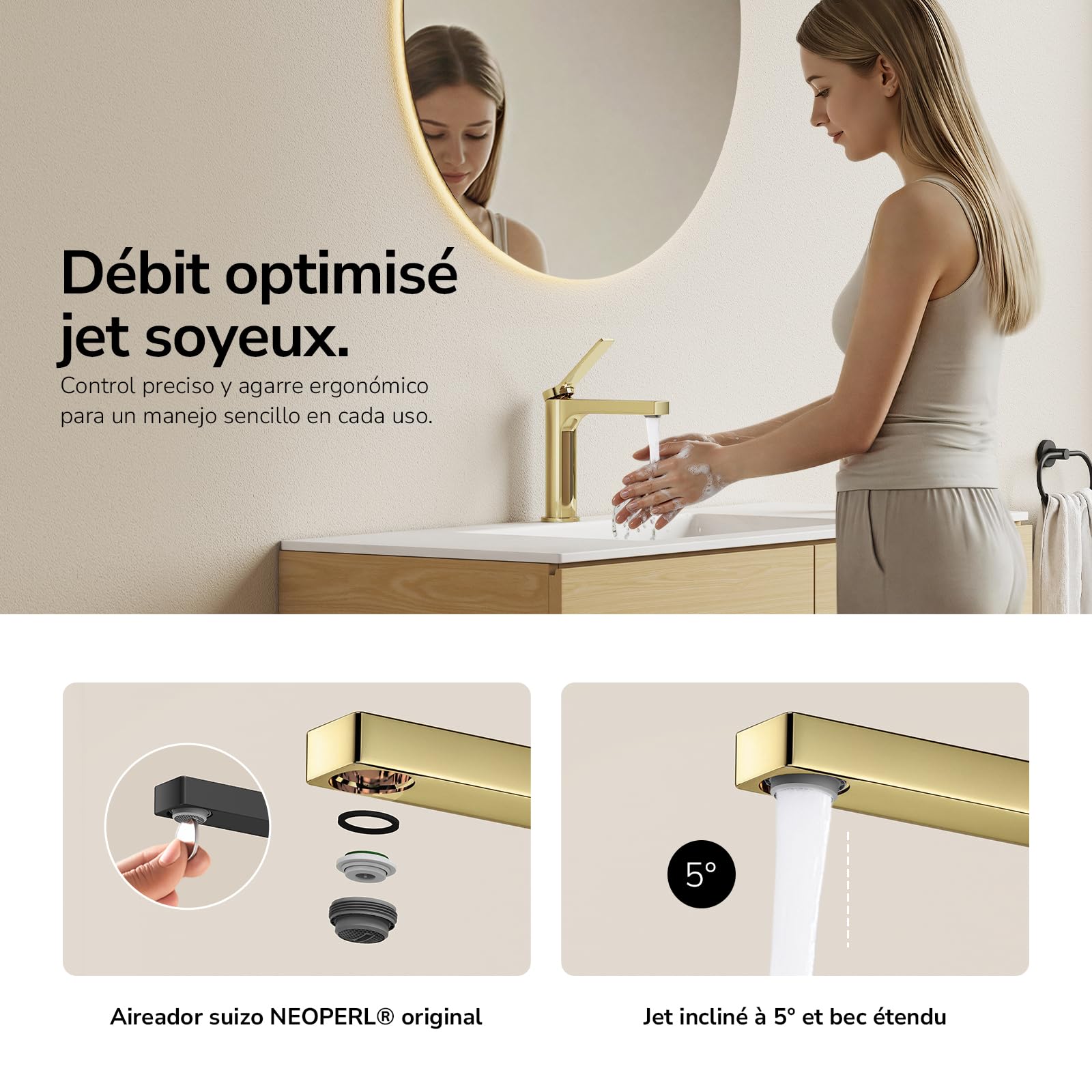 EMKE Grifo de Baño Oro Champán, 195x173x46 mm, Latón | Cartucho Cerámico, Mezclador de Lavabo, Instalación Fácil, Grifería de Cocina con Aireador, Grifo para Lavabo