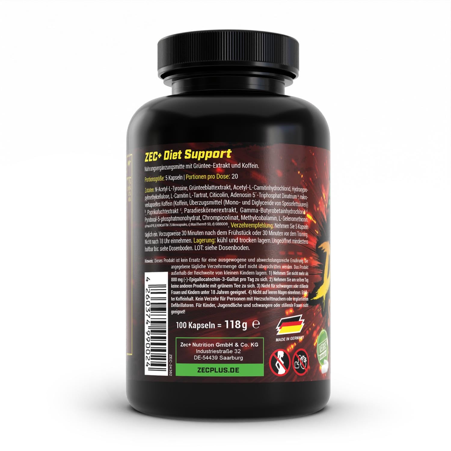 Zec+ Nutrition Diet Support, 100 Kapseln mit Grüntee- und Ingwerextrakt, Koffein und L-Carnitin, Made in Germany