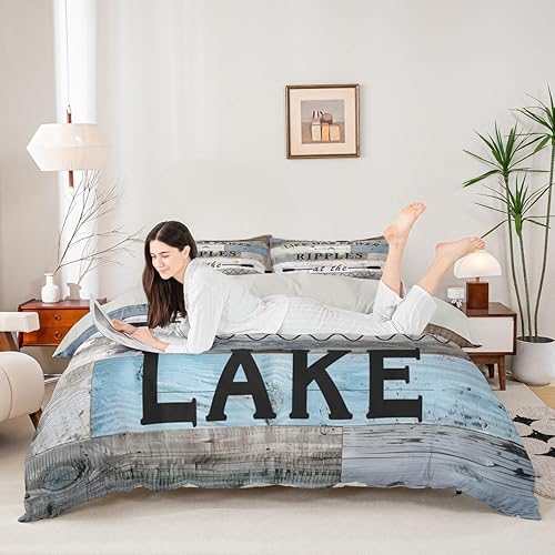 Miniatura 1 de Funda de edredón con temática de lago, tamaño Queen, funda de edredón rústica con 2 fundas de almohada para adolescentes y adultos, juego de ropa de