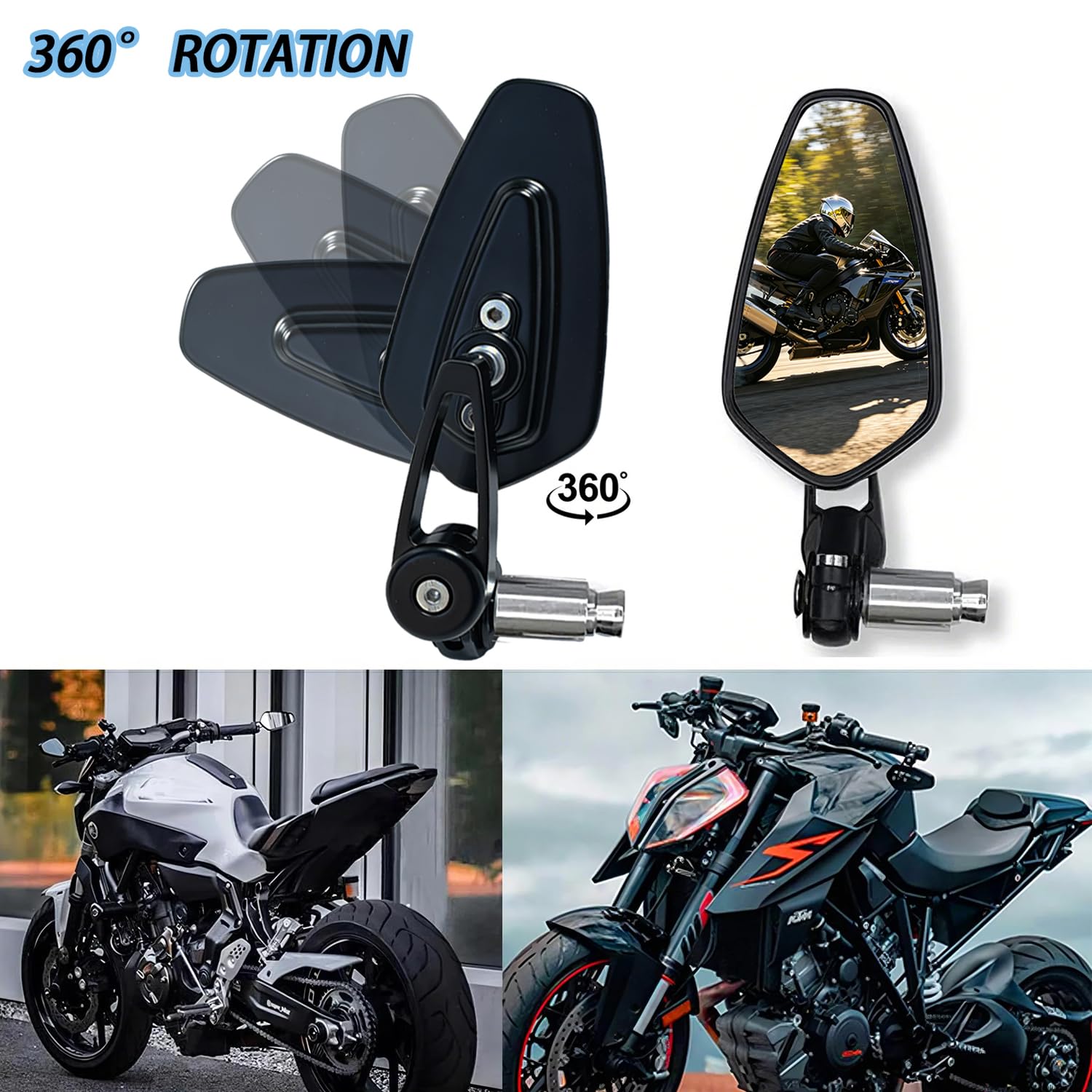 Miroirs de rétroviseur universels pour moto de 22 mm 7/8'',compatibles avec GROM MSX125,CB500F,Z125,Z750,Z900,MT-03,MT-07,FZ-07,MT-09,FZ-09,SV1000(Noir)