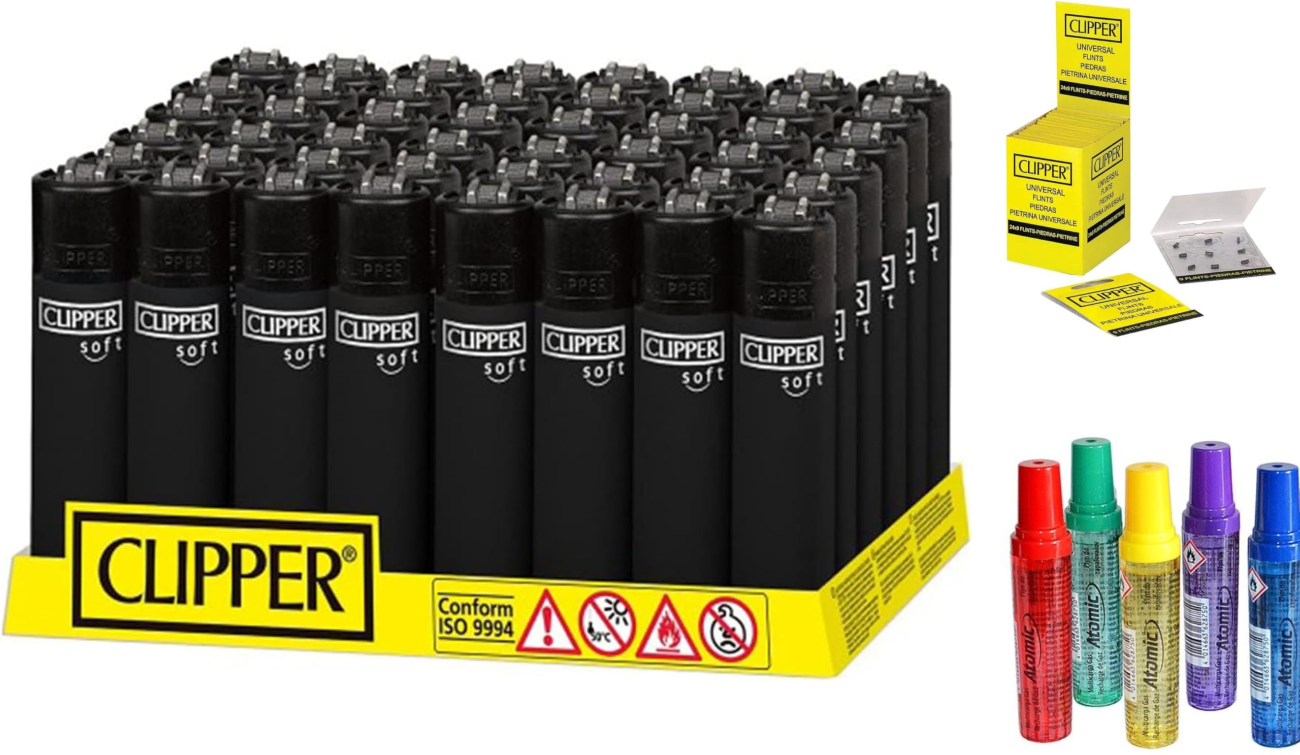 Pack de Clipper 48 Mecheros Encendedores Liso Soft Touch All Black Negro CP11RH + 5 Gas ISOBUTANO para MECHEROS + Clipper 2 Paquete de 9 Piedras de Mechero