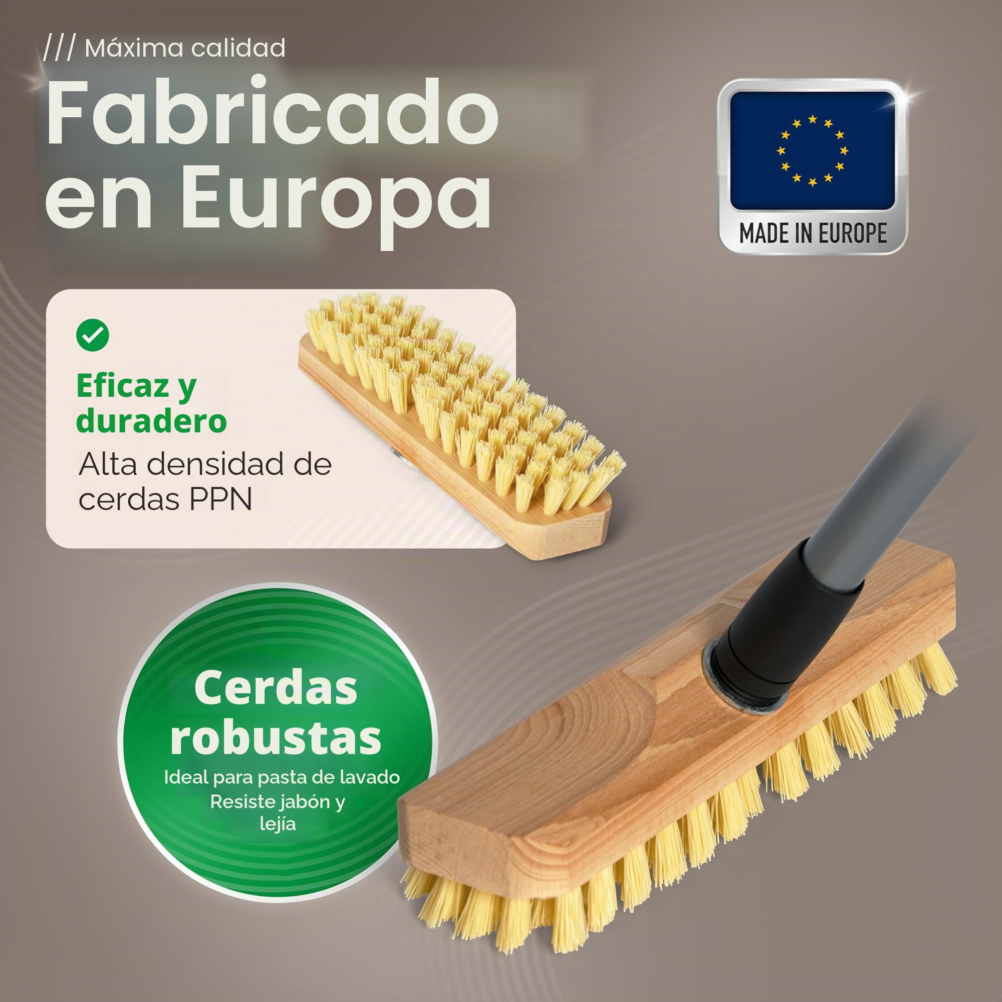 Estropajo de madera con cerdas | Limpiaparabrisas con rosca y mango telescópico | Cepillo PPN | Ideal para balcón, terraza, jardín, interior y exterior