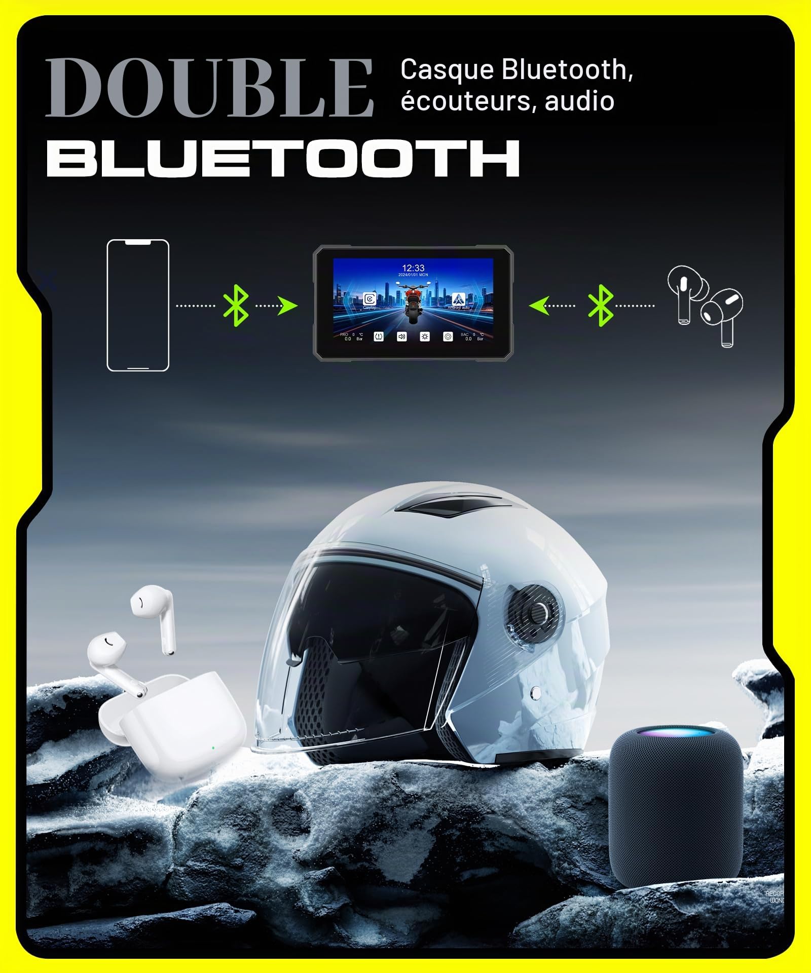 Rimoody sans Fil Carplay Moniteur Moto Android Auto, 5 Pouces Écran Tactile Car Play Autoradio Portable, CarPlay Display pour Moto Bluetooth/Navi/IP68 étanche/Contrôle de la Pression des pneus