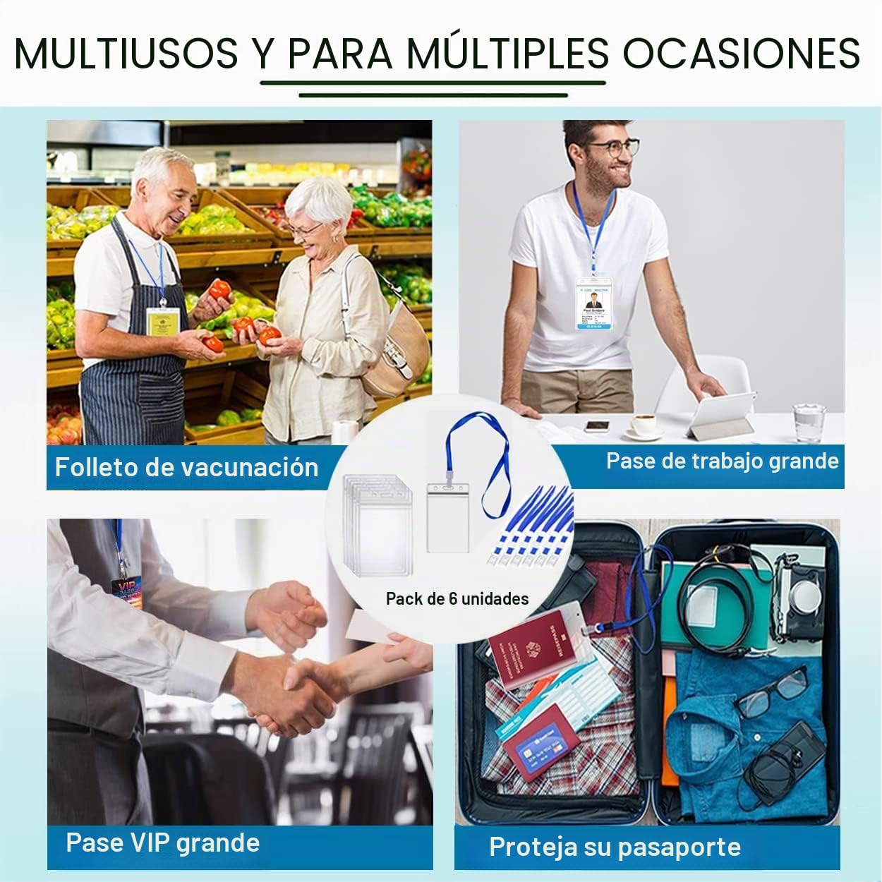 A6 Porta credenciales, paquete de 6, 11x16 cm, impermeables con correa, porta credenciales transparentes de gran tamaño para empresa, exposición, grupo