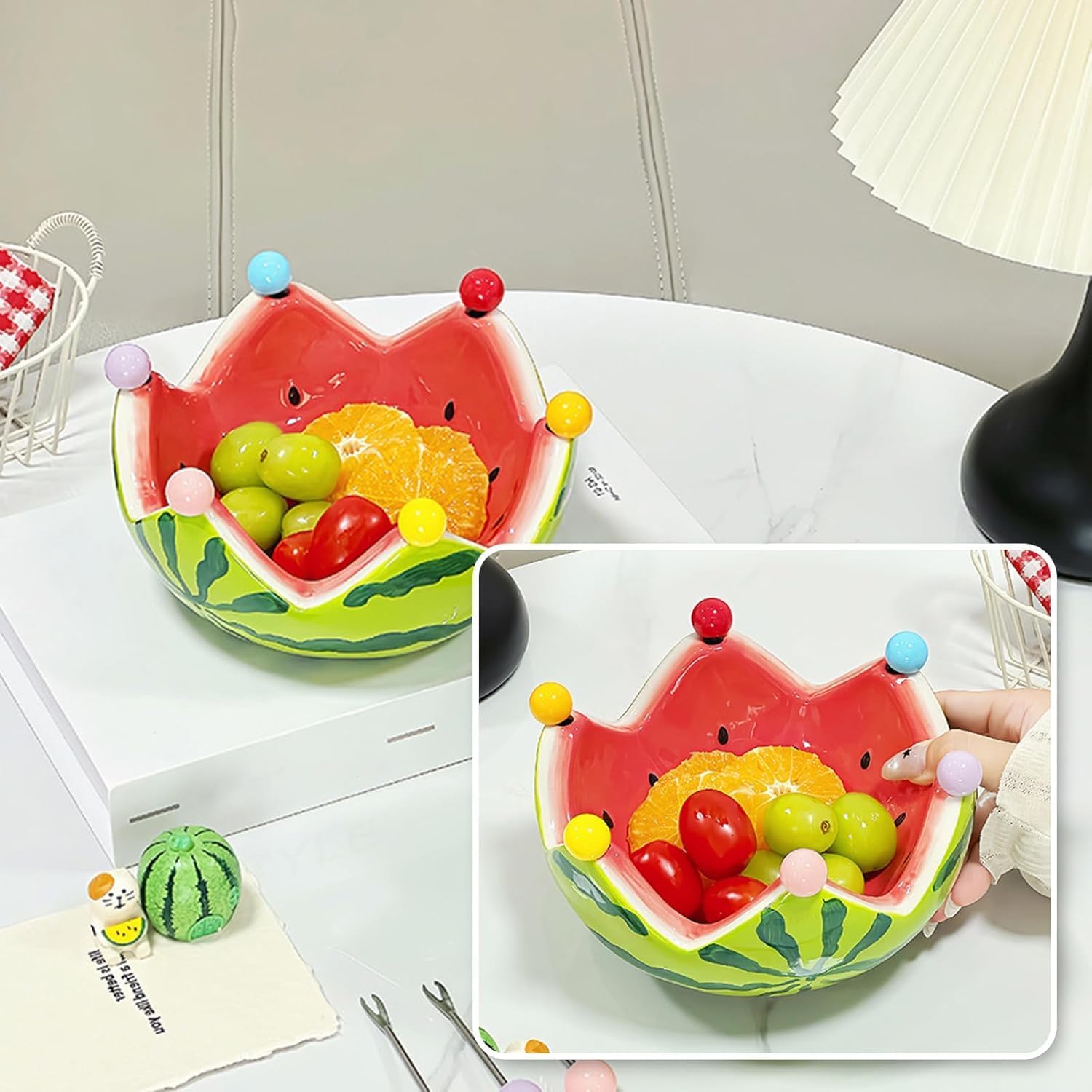 Ceramic Watermelon Fruit Bowl with 6 Forks -Decorative for Kitchen Counter