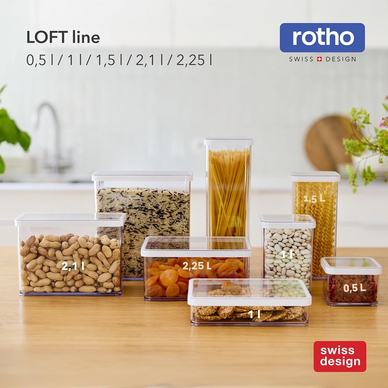 Rotho Loft Lot de 19 Boîtes de Conservation Hermétiques, Sans BPA, Blanc | Récipients alimentaires empilables en plastique SAN pour cuisine, compatibles lave-vaisselle et congélateur, tailles