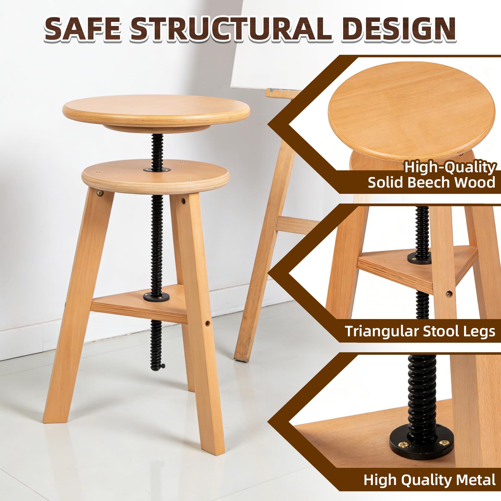 Taburete de dibujo de madera, 48 – 65 cm, altura regulable, taburete de madera de haya | Taburete multifuncional para estudio de artistas, estudio, hogar, bar, cocina u oficina