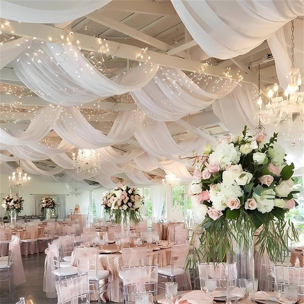 Mateju Lot de 4 Tenture Mariage Plafond Voilage Blanc Decoration Plafond Mariage Tulle Rideaux de Plafond en Mousseline de Soie pour Mariage, Arche, Fête, Cérémonie Décoration (150x600cm)
