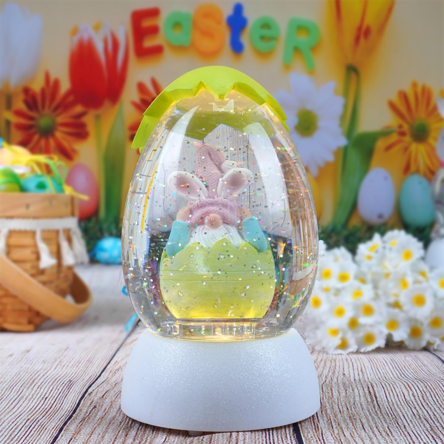 Gnome Easter Snow Globe, Easter Bunny Snow Globe Eggs Spring Decor with Swirling Glitter, 6H Timer, USB or Battery Powered, Hear No Evil Gnome Snowglobe for Tabletop Decor Gift 7.4 Inch (Green)