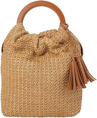 QTKJ Hand-woven Large Straw Tote Bag with Brown Leather Tassels Boho Brown Wooden Round Handle Tote Retro Summer Beach Bag Rattan Handbag (Light Coffee)