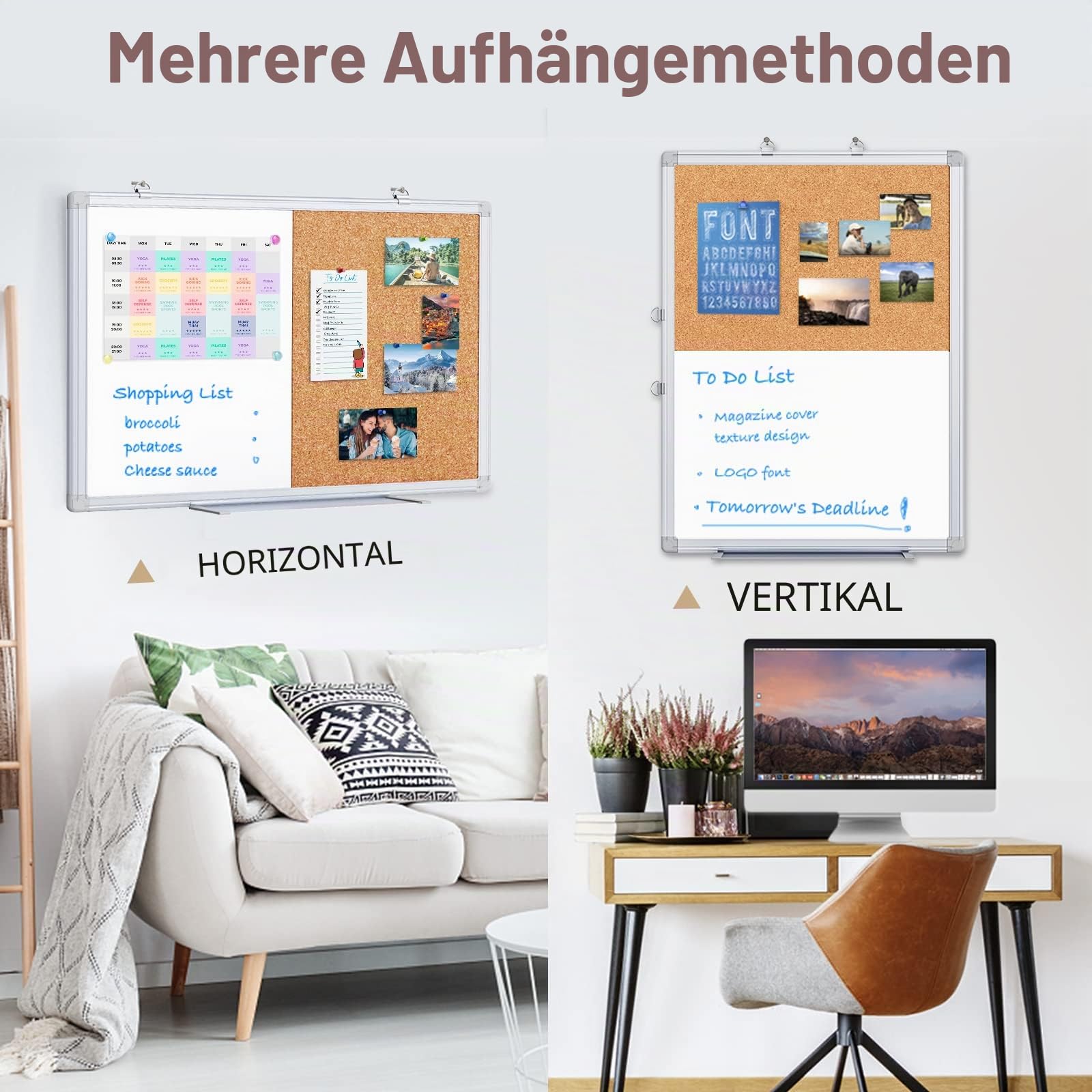 maxtek Pinnwand Kork und Whiteboard mit Aluminiumrahmen, 60 x 45 cm Magnettafel White Board Korktafel Kombination für Wohnung, Büro, Küche und Schule
