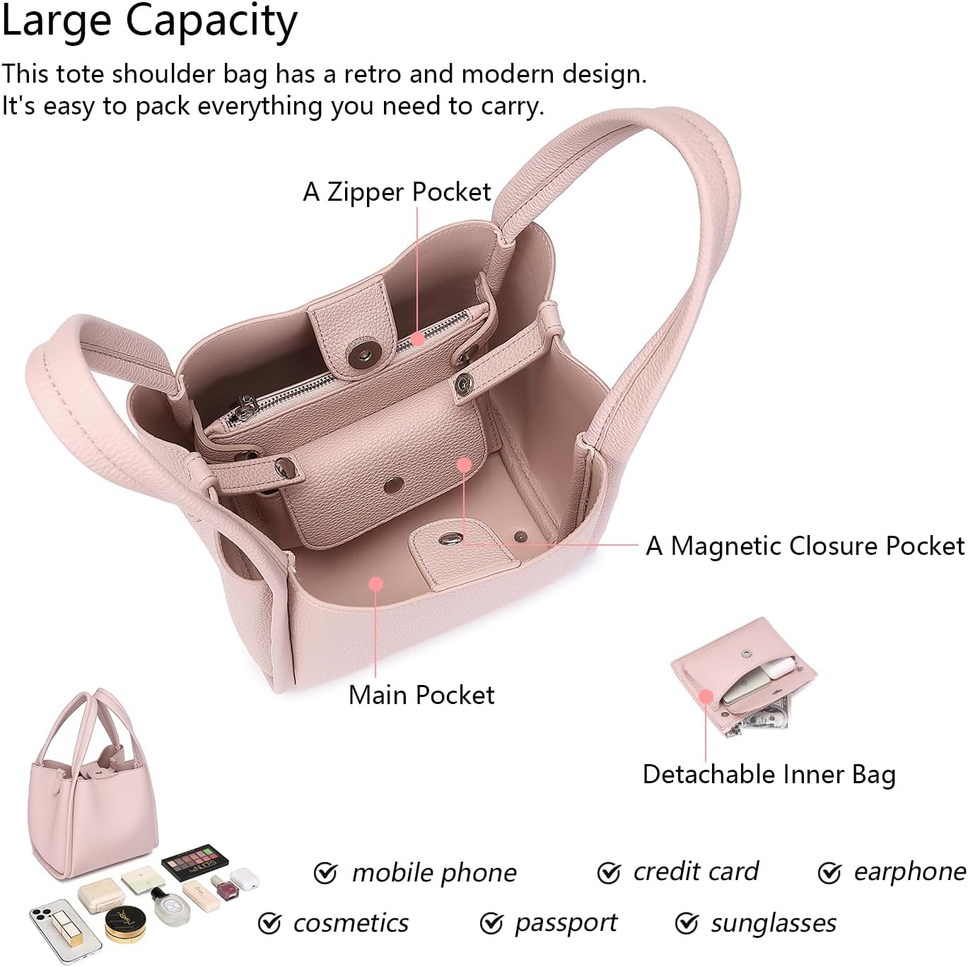 PU Leather Tote Bag Slouchy Handbag with Zipper Stylish for Women's - Image 6