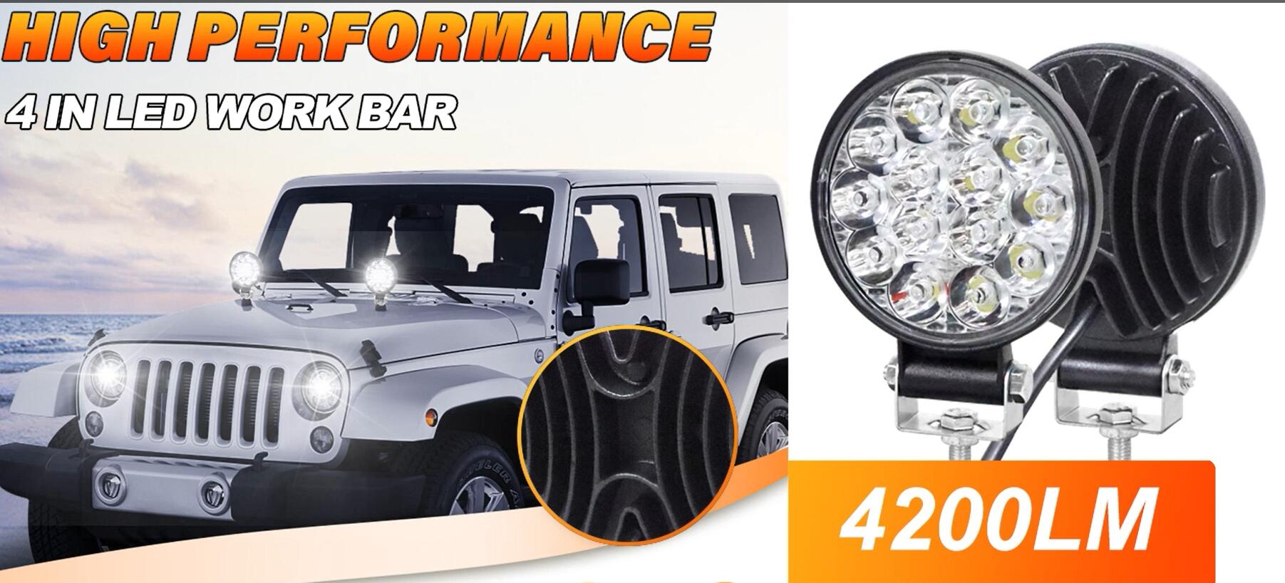 PICAA Phare De Travail LED 42W - 2 Phares Ronds 3,2 Pouces Pour 4x4, Camion, VTT, Tracteur - 12V/24V, étanche IP67