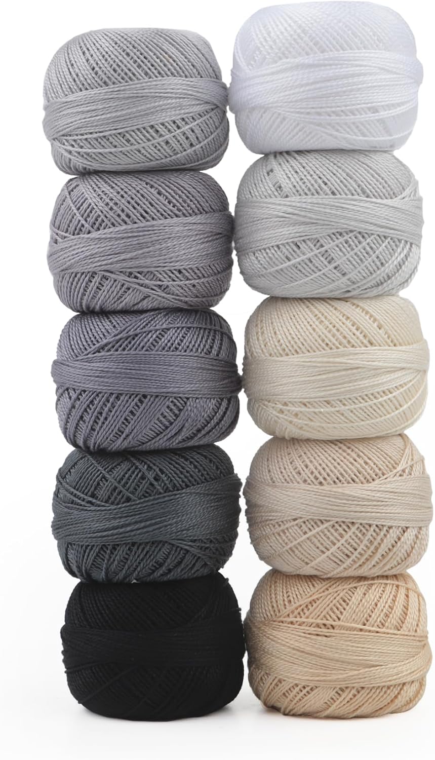 Size 8 Double Mercerized Egyptian Long Staple Cotton Pearl Thread 10 Grams (87 Yards)/Ball Crochet Thread 10 Colors per Box for Crochet Hardanger Cross Stitch Hand Embroidery (Set G)