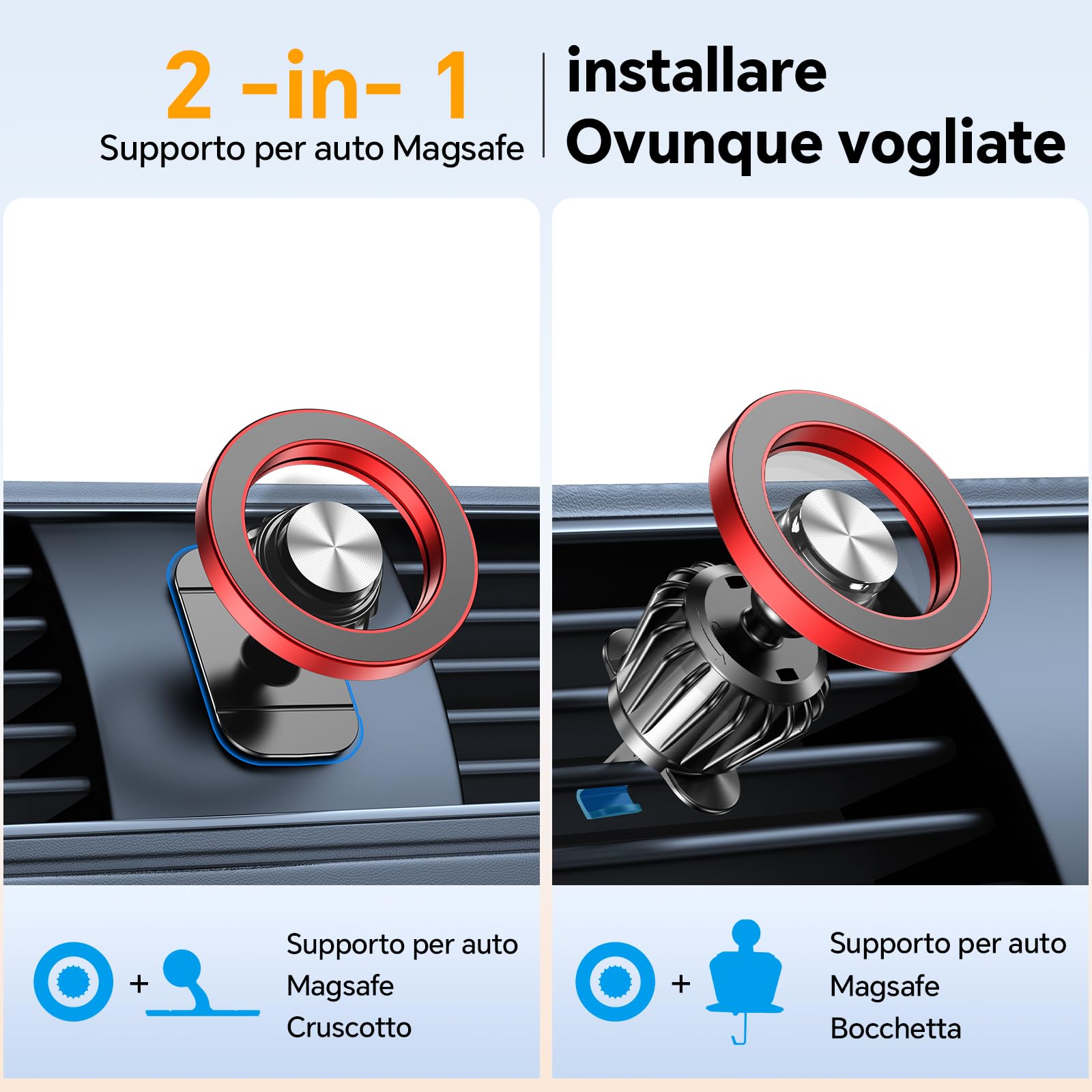 Coolpow Porta Cellulare Auto con Magsafe【20 Potente Magnetico 】 Supproto Telefono Auto Magnetico【360°】 Porta Telefono AUto Per Il Cruscotto & Presa d'Aria Automobile Compatibile con iPhone 17,Rosso