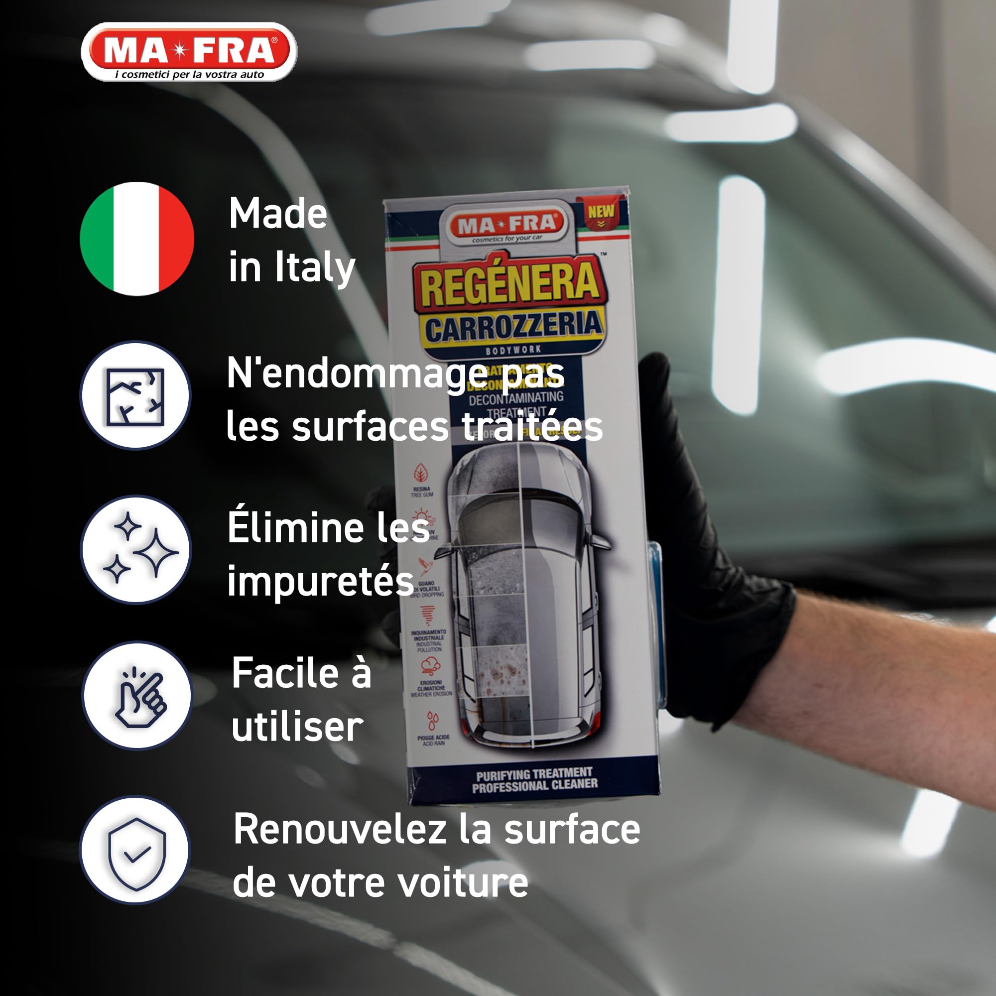 Mafra, Car Refinish Kit, Traitement décontaminant pour la carrosserie et Le Verre, Les Insectes et Les résidus ferreux de Toutes Les Surfaces extérieures, Contient Fast Cleaner et Clay Bar Soft