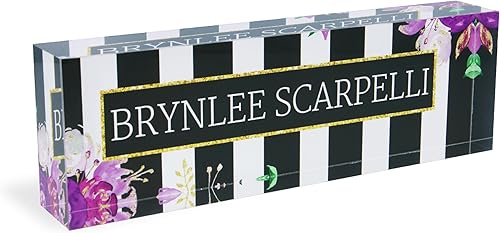 Bloque con placa de nombre de cristal acrílico transparente de alta calidad con diseño único para tu escritorio, 8 x 2.5 pulgadas